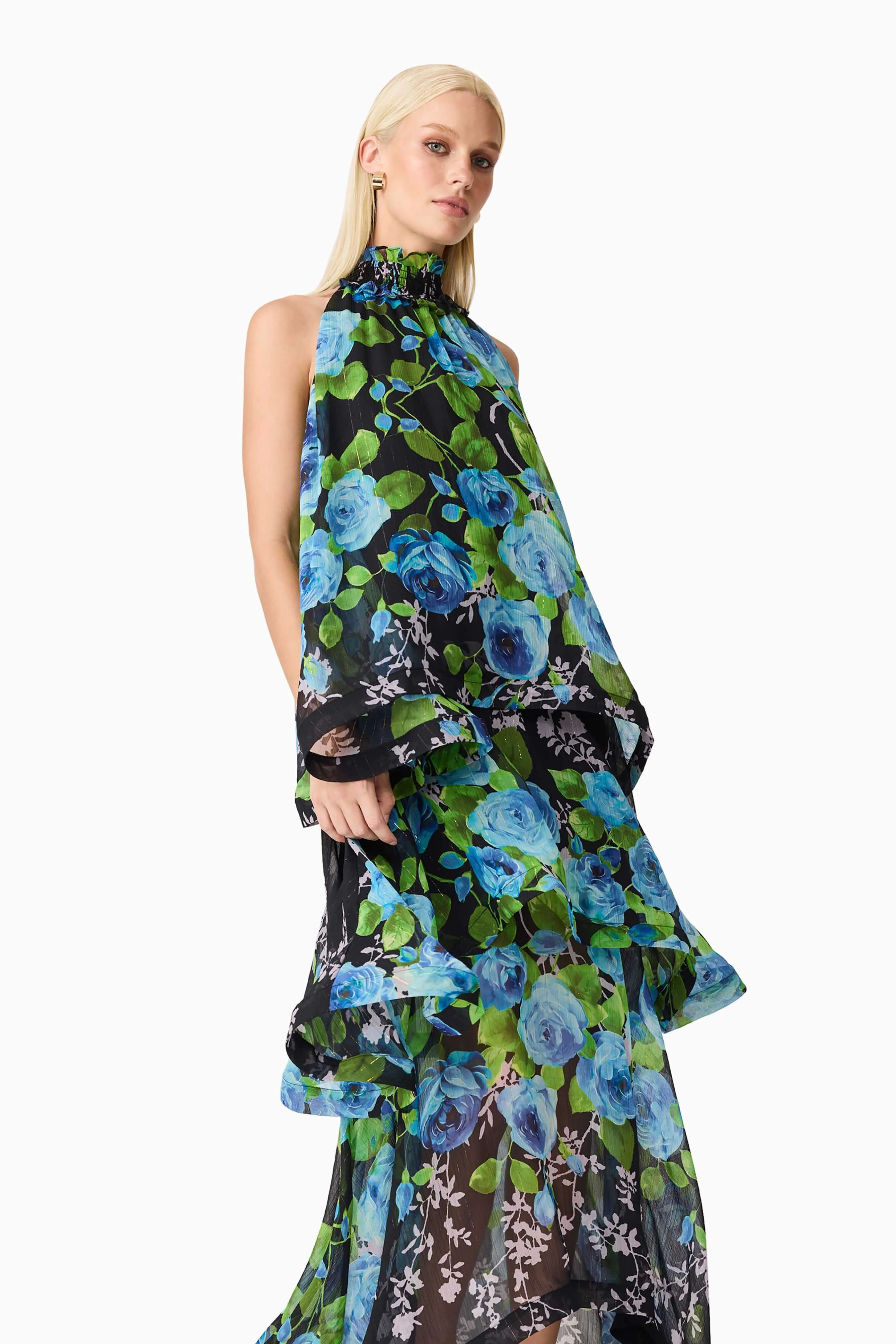Briony Tiered Gown in Black & Blue Floral Light Touch Fall Fashion