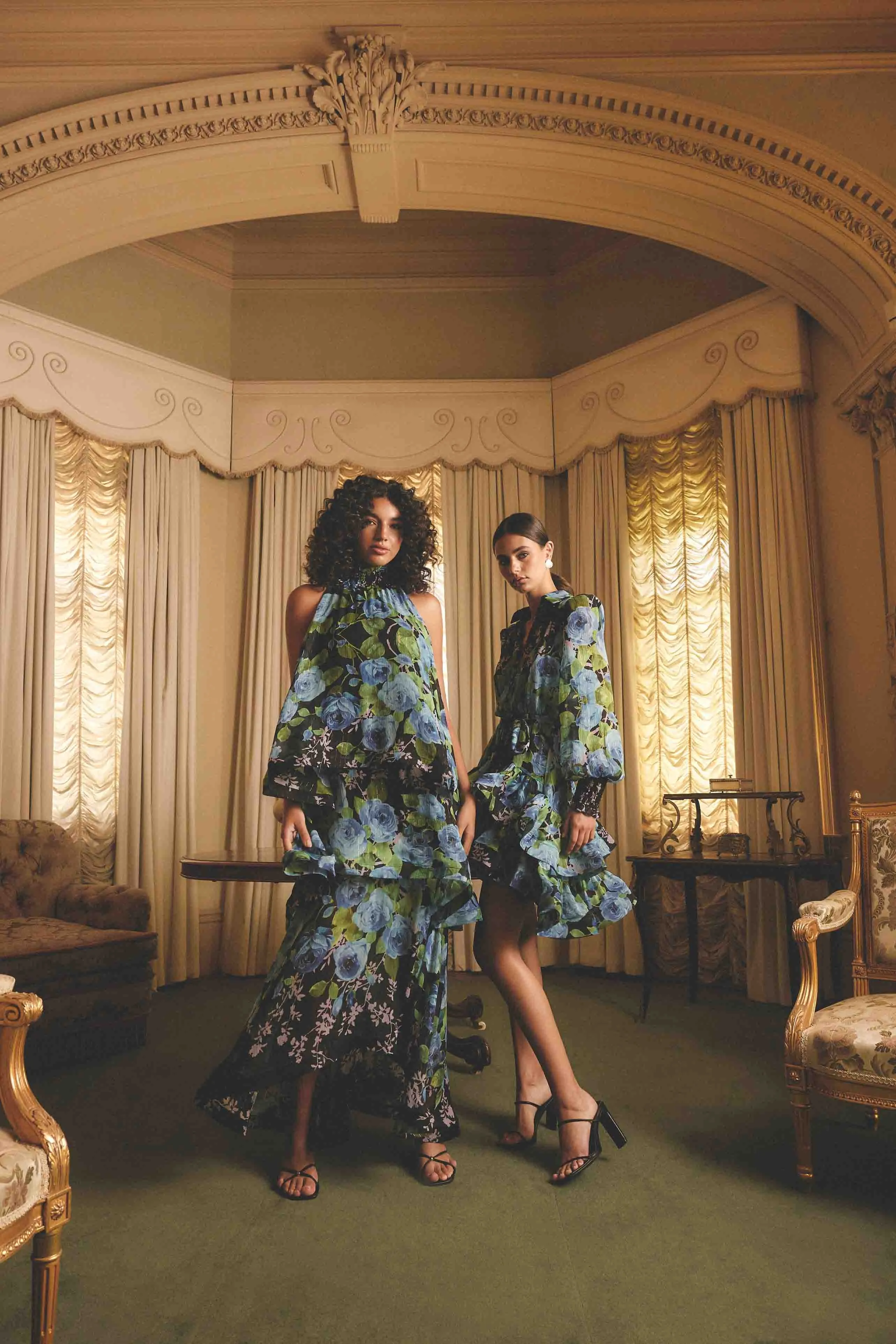 Satin Grace Youth Charm Briony Tiered Gown in Black & Blue Floral