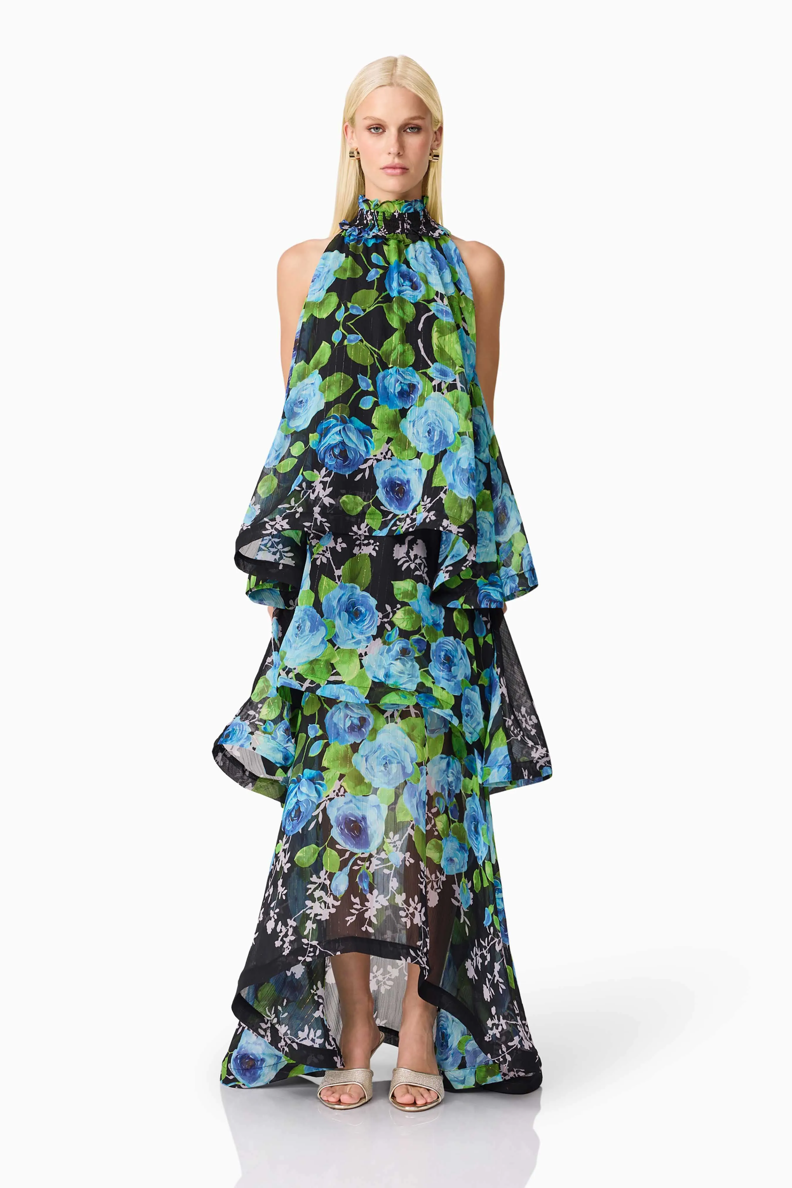Natural Light Briony Tiered Gown in Black & Blue Floral