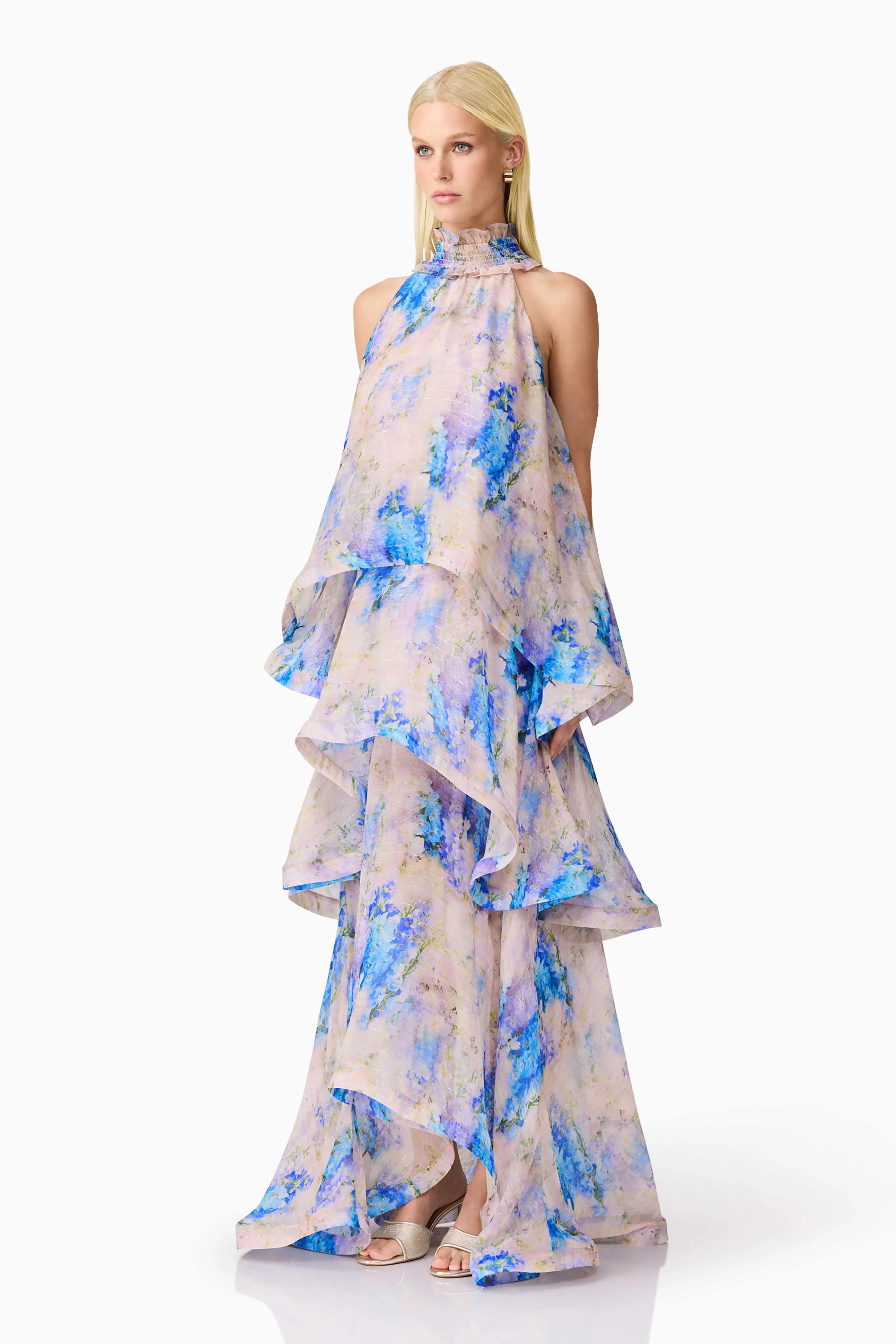 Travel Vibe Shore Time Briony Tiered Gown in Pink & Blue Floral
