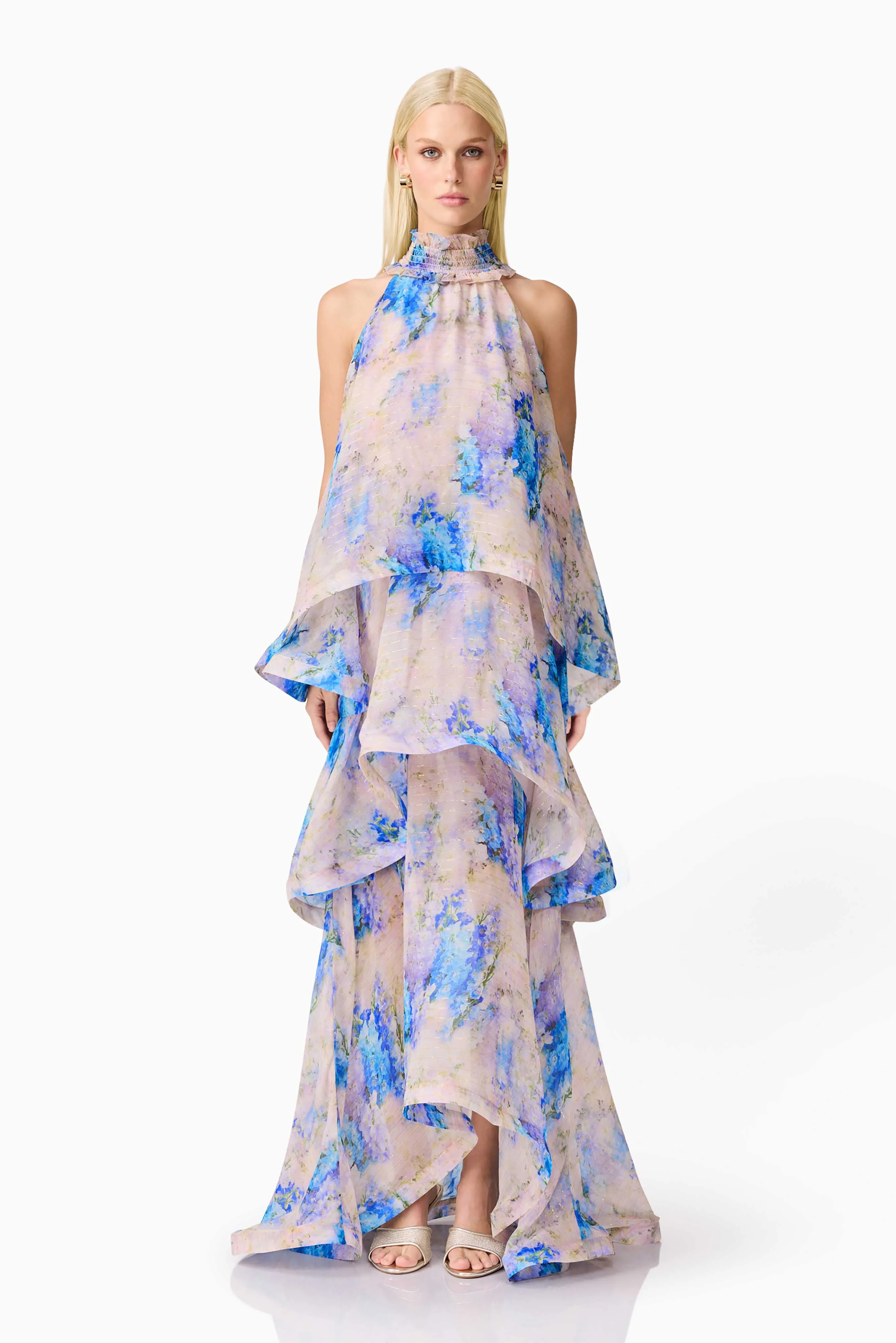 Fashionable Design Briony Tiered Gown in Pink & Blue Floral