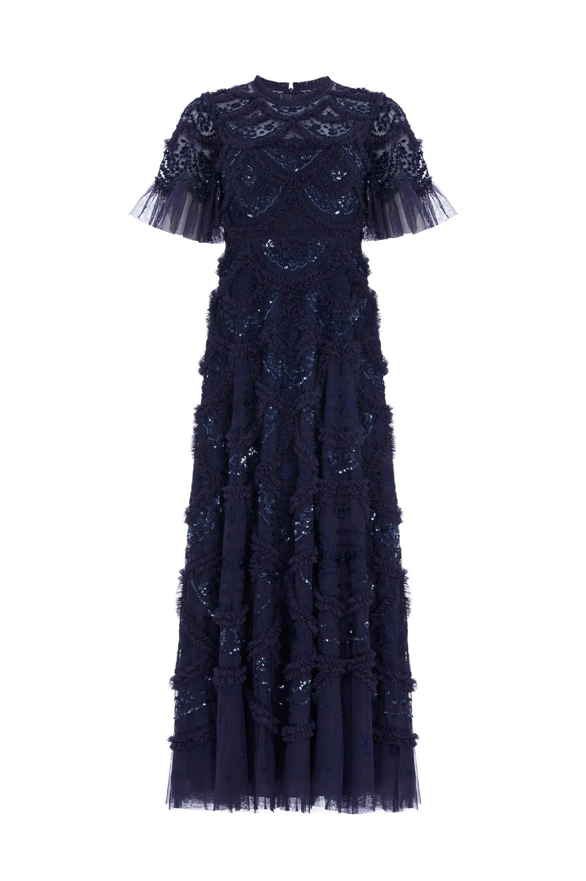 Front-Slit Carmen Ruffle Ankle Gown