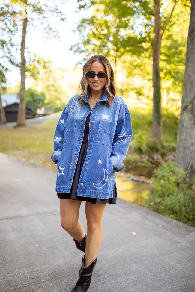 Cassie Celestial Motif Denim Jacket Emily Fauver X Pink Lily Slim Fit Design