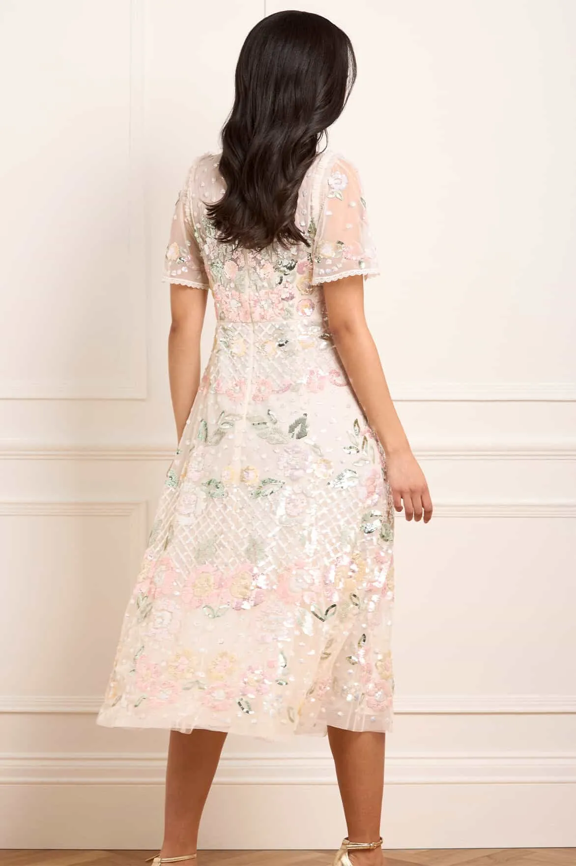 Artisanal-Detail Velvet-Sleeve Rosalie Short Sleeve Ballerina Dress