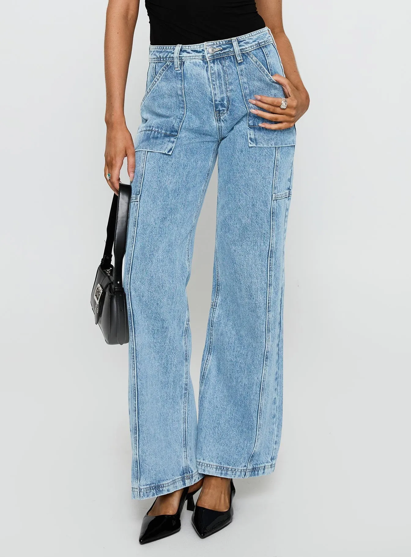Chad Cargo High Rise Wide Leg Jeans Mid Wash Neutral Loose