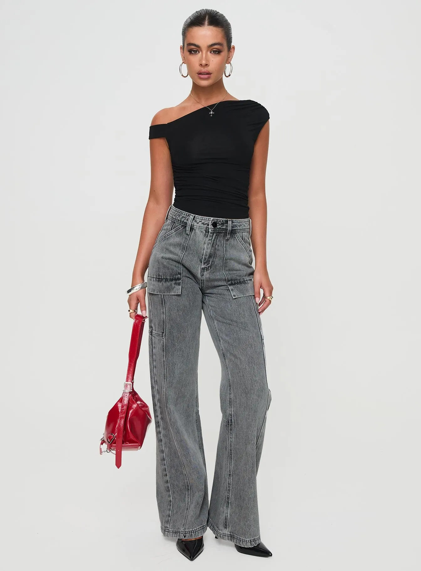 Comfortable Tailoring Chad High Rise Flared Cargo Jeans Washed Grey