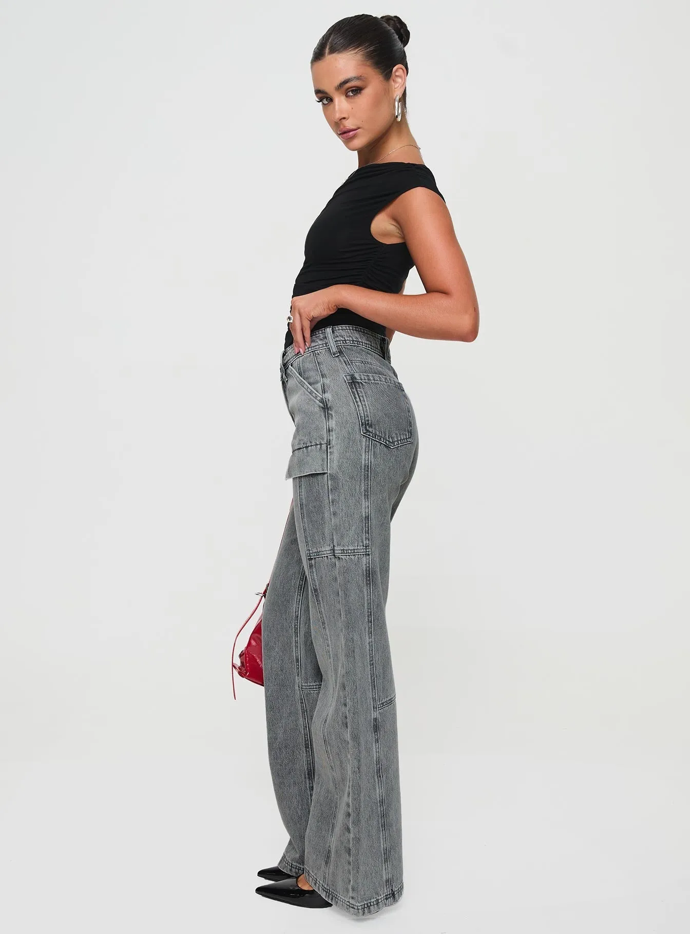 Natural Fit Chad High Rise Flared Cargo Jeans Washed Grey