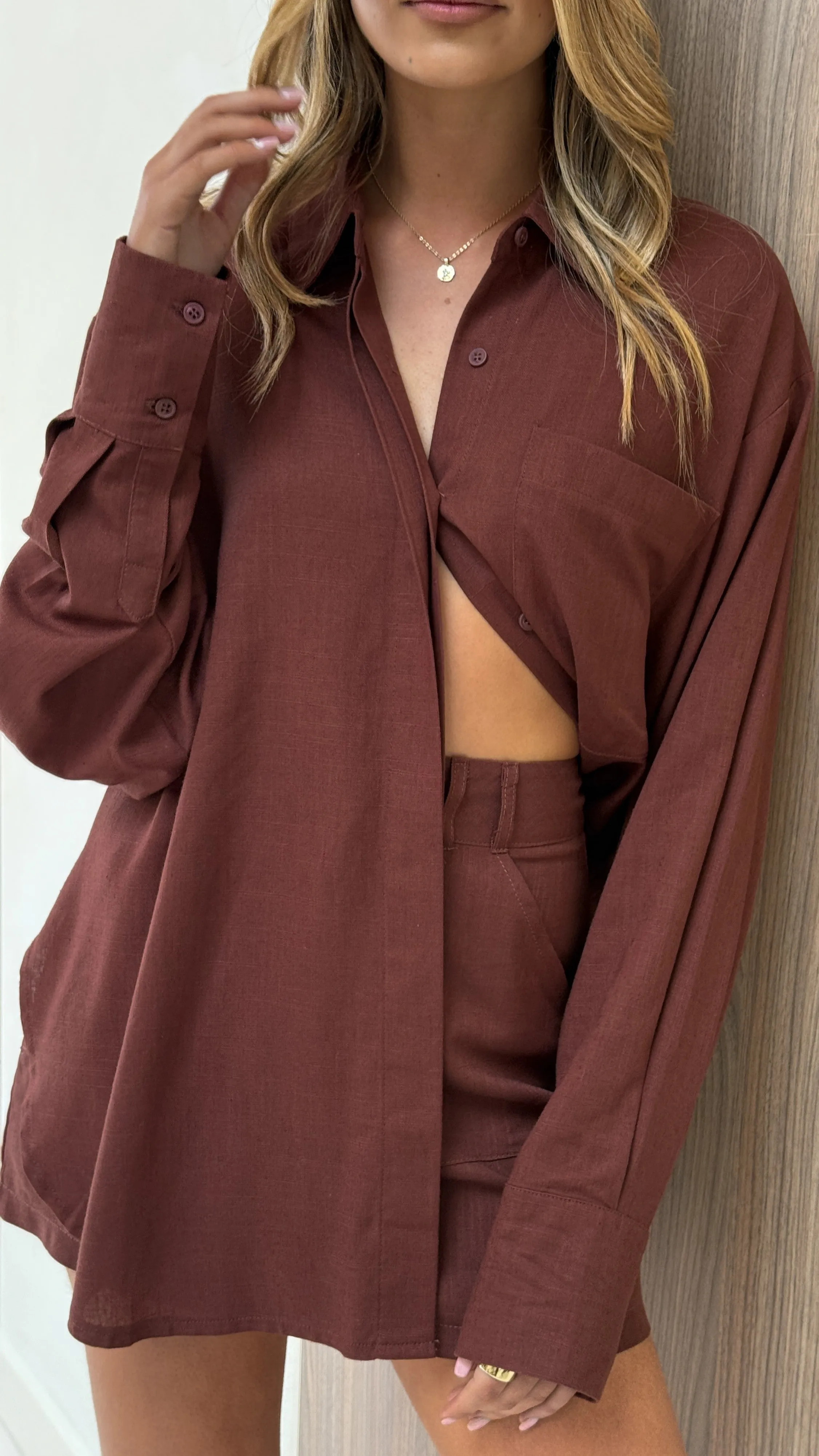 Game Core Charla Button Up Top - Brown