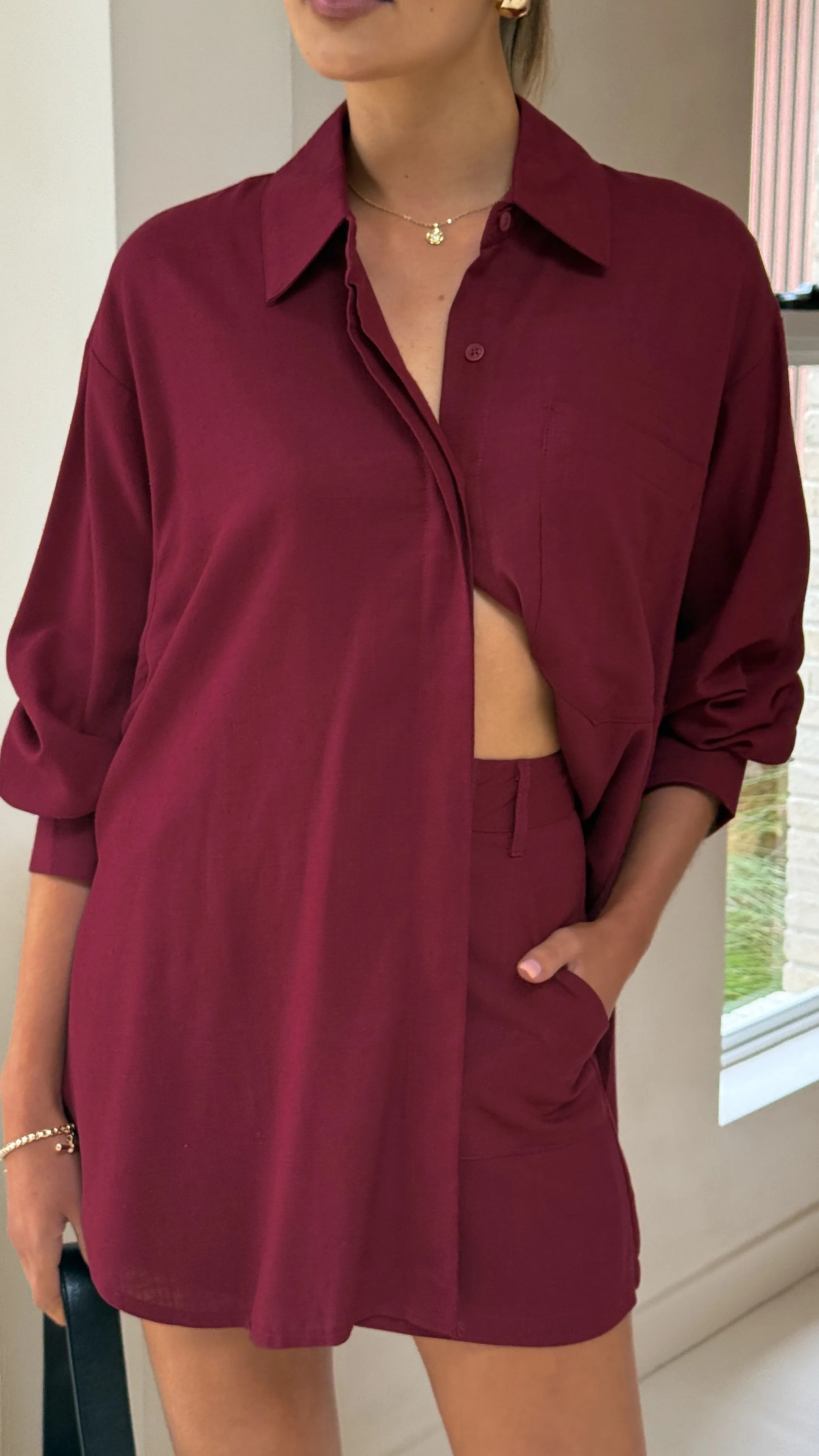 Charla Button Up Top - Burgundy Thick Fiber QuickDrying