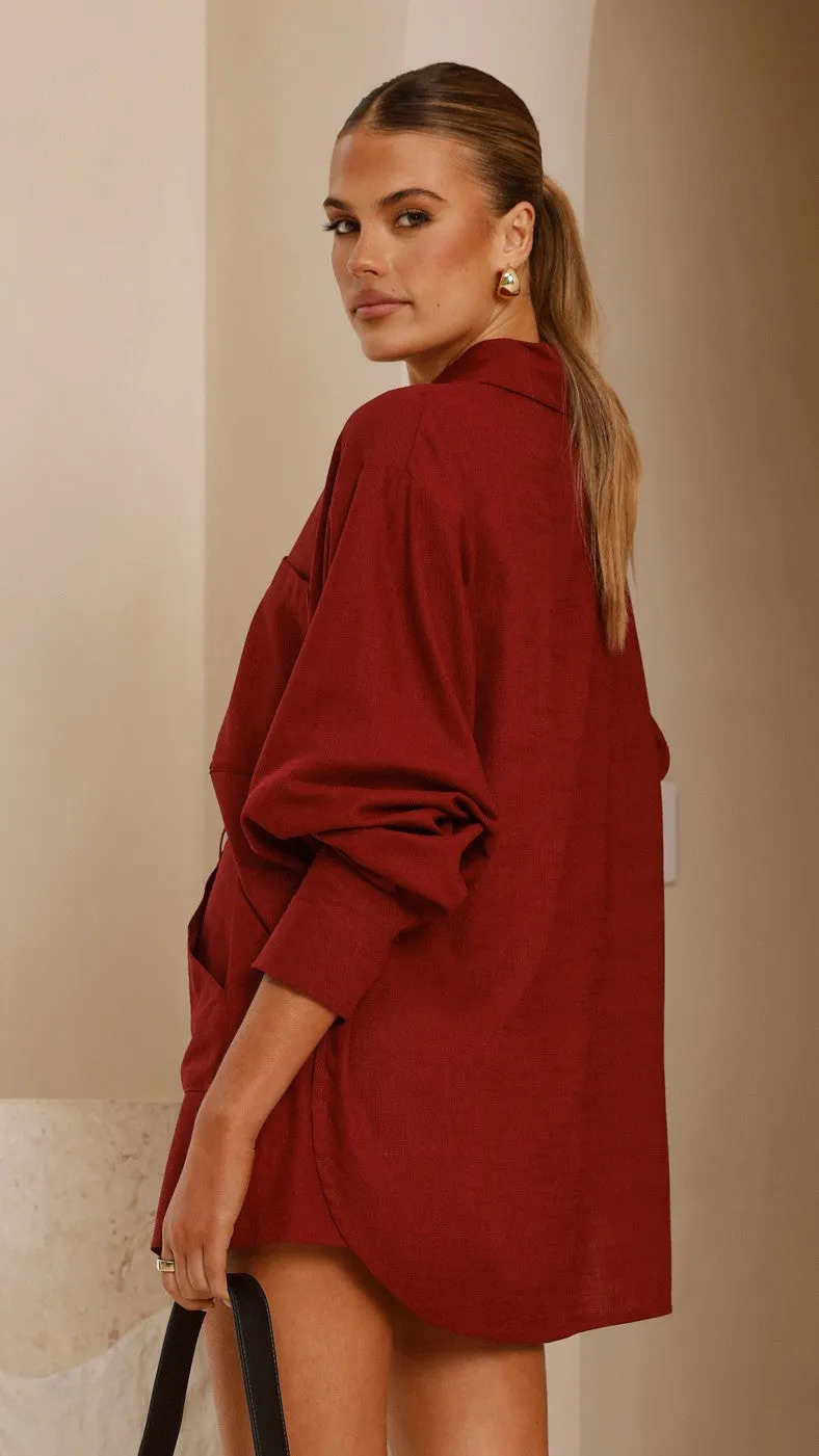 Charla Button Up Top - Burgundy China Cool