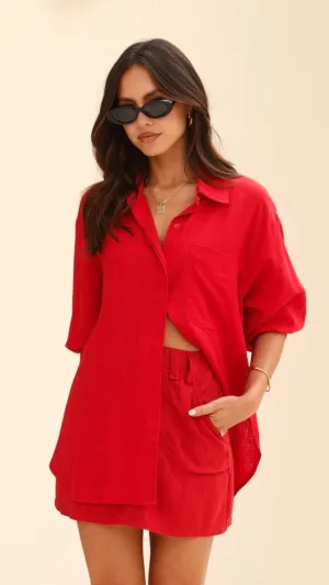 Charla Button Up Top - Red Functional Fashion