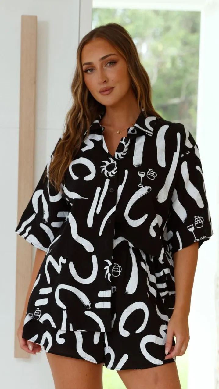 Star Soul Charli Button Up Shirt and Shorts Set - Black/White