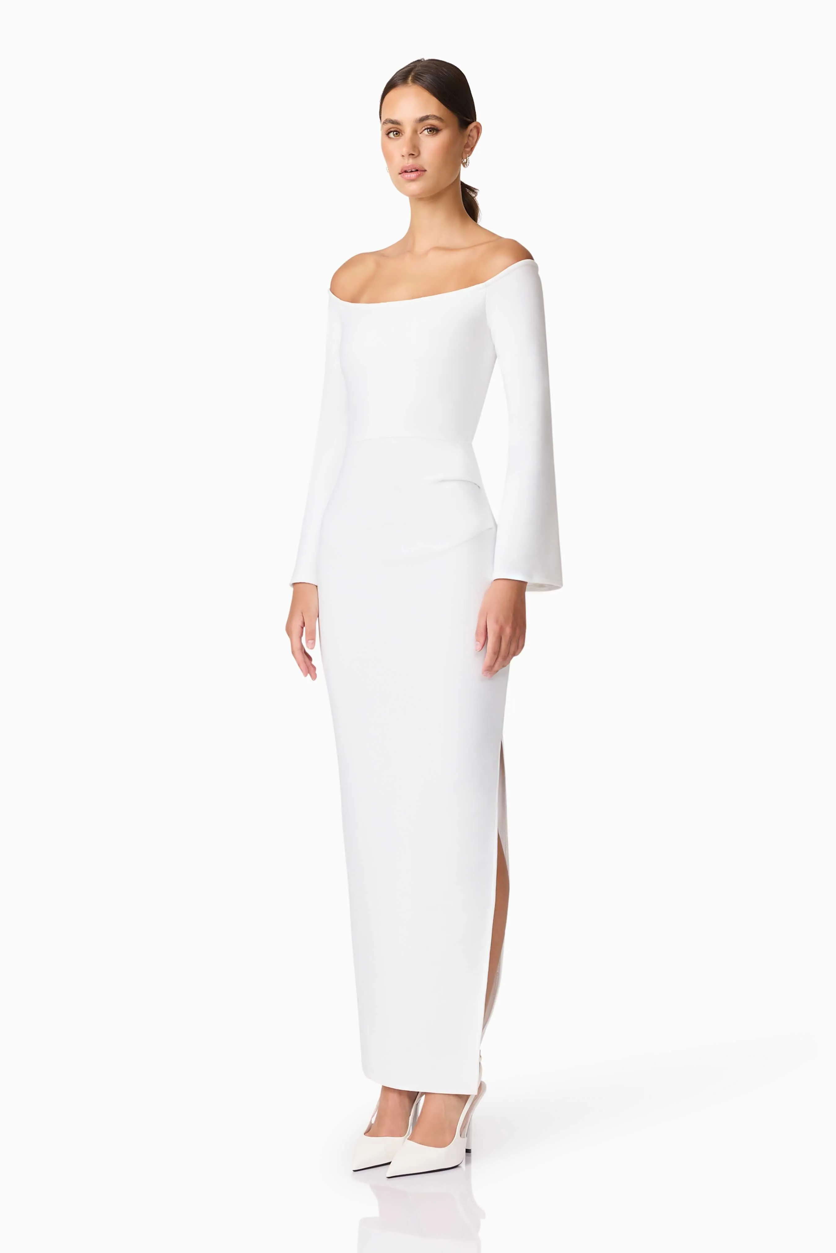 Sonya Long Sleeve Midi Dress in White Japan Line