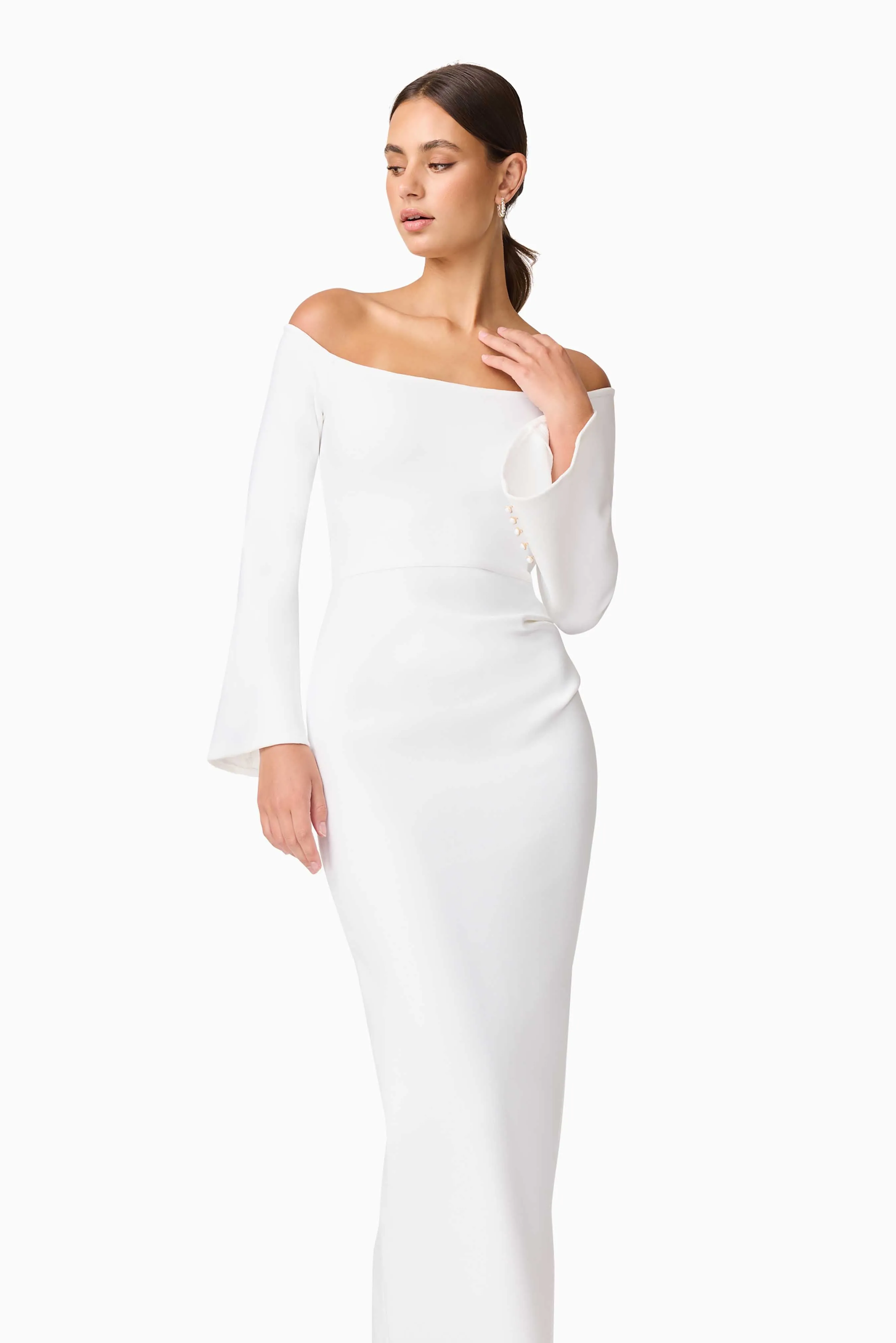Sonya Long Sleeve Midi Dress in White Comfy Shape