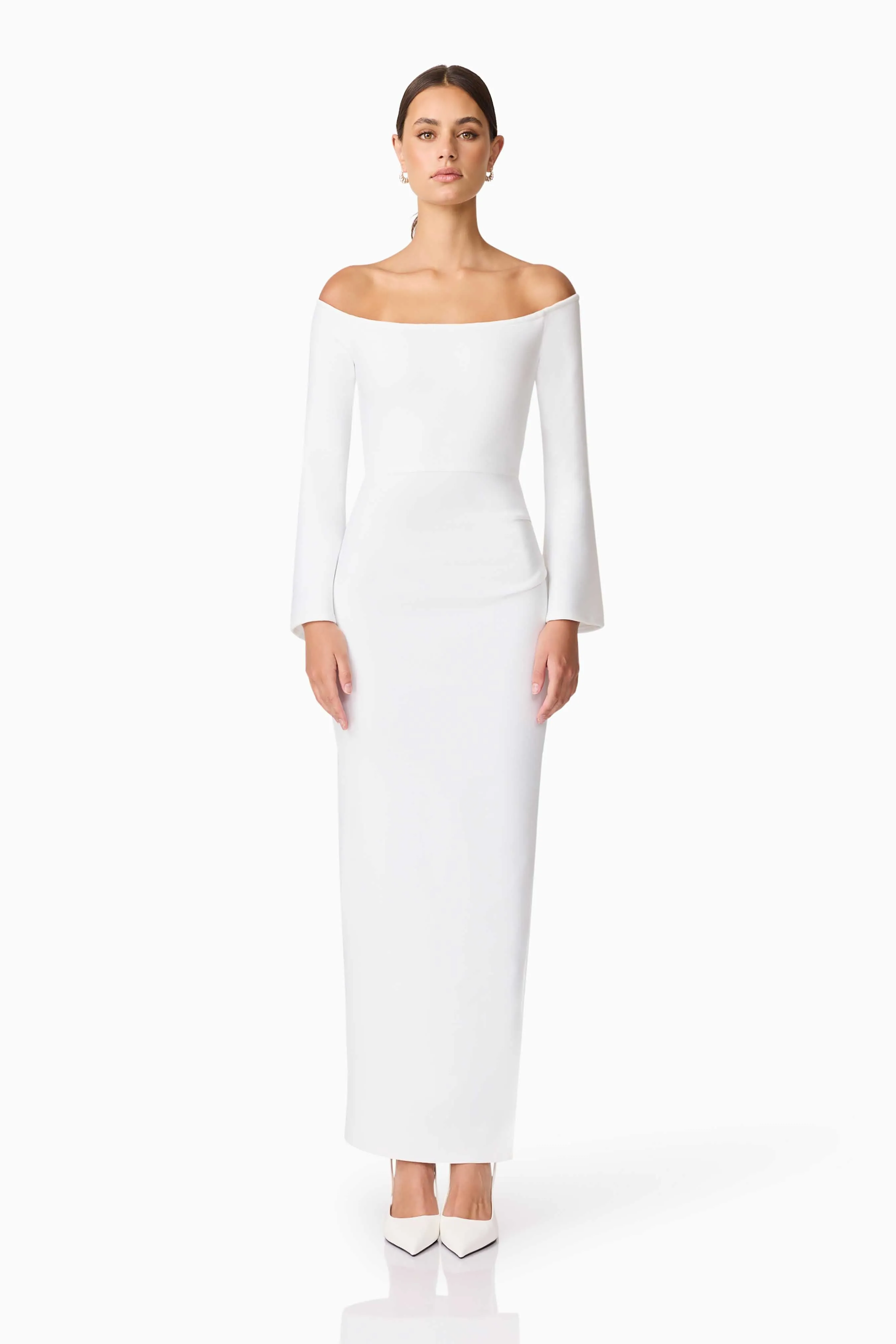 Feminine Energy Classic Waistband Sonya Long Sleeve Midi Dress in White
