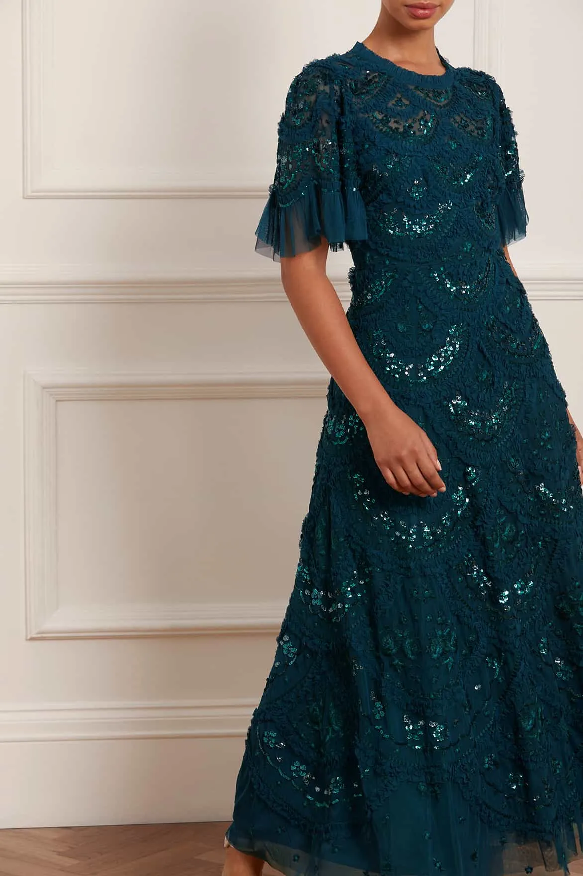 Bold Cut Carmen Ruffle Ankle Gown