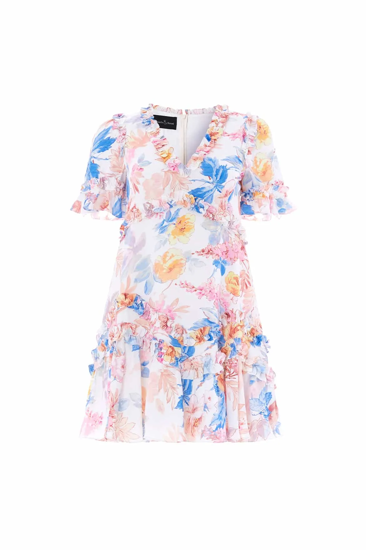 Chic Casual Wear Zip Ease Mariannes Floral Satin V-Neck Micro Mini Dress