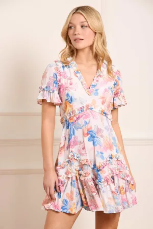 Mariannes Floral Satin V-Neck Micro Mini Dress Side Slit