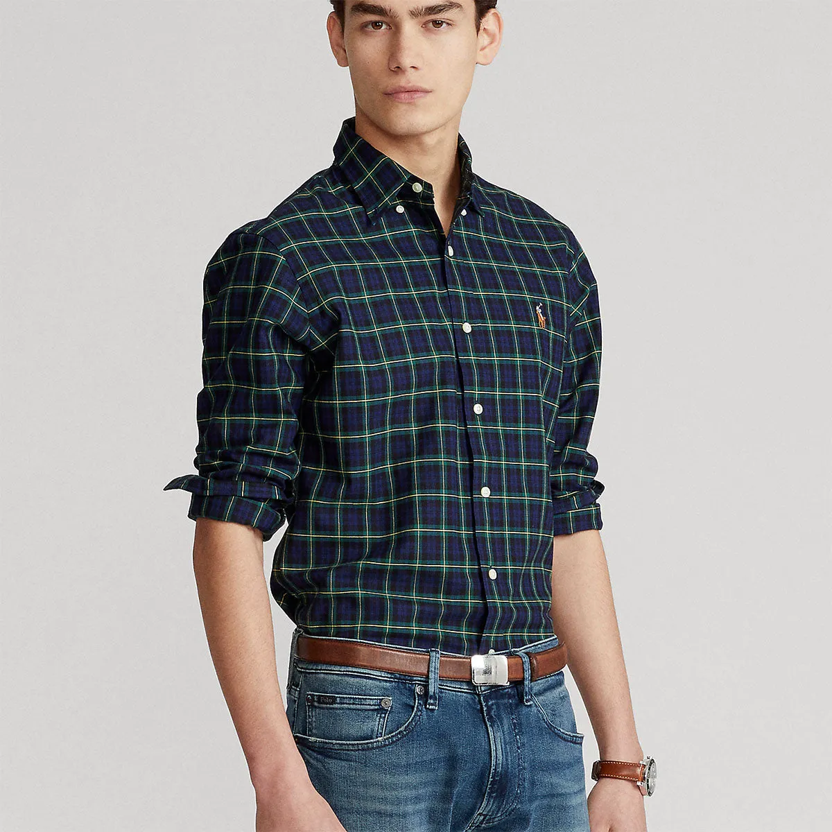 Smooth Neckline Hypoallergenic Textile Polo Ralph Lauren - Slim Fit Plaid Oxford Shirt in Navy/Green