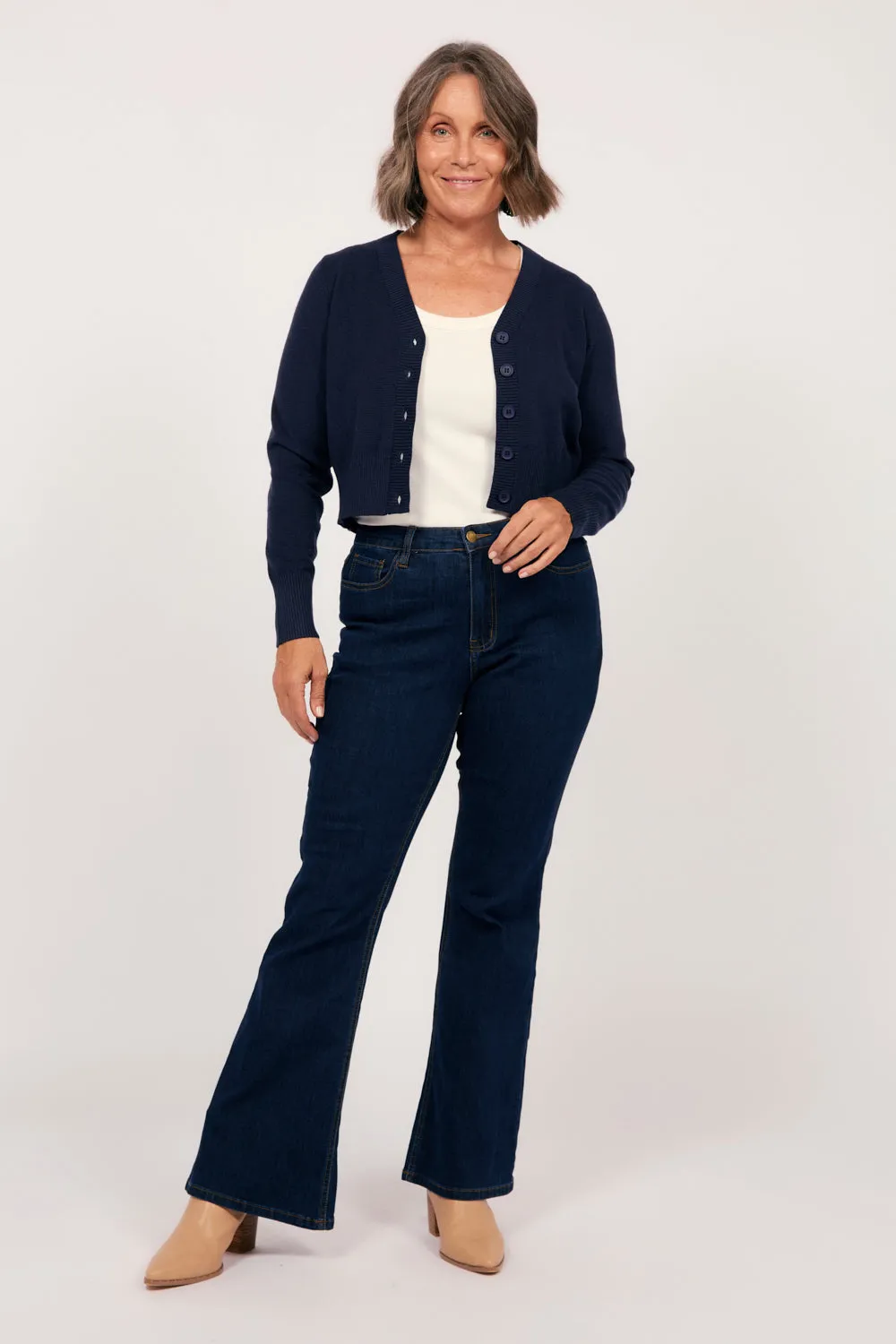 Knitted Cropped Cardigan in Navy Snap Closures