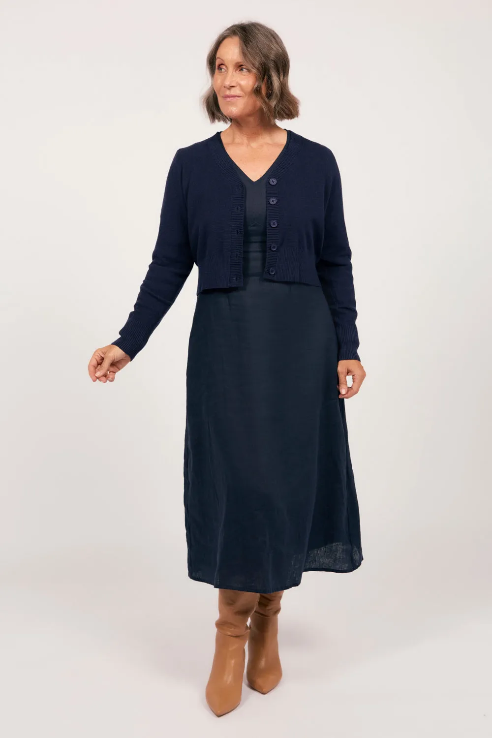 Anti Pill Surface Knitted Cropped Cardigan in Navy