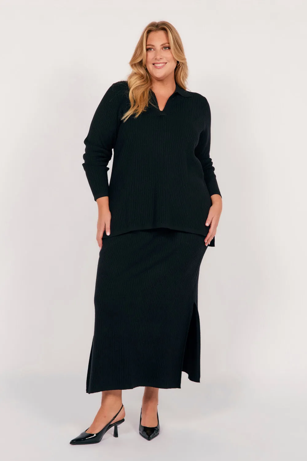 Collared Knitted Top in Black Layered Collar Weatherproof Technology