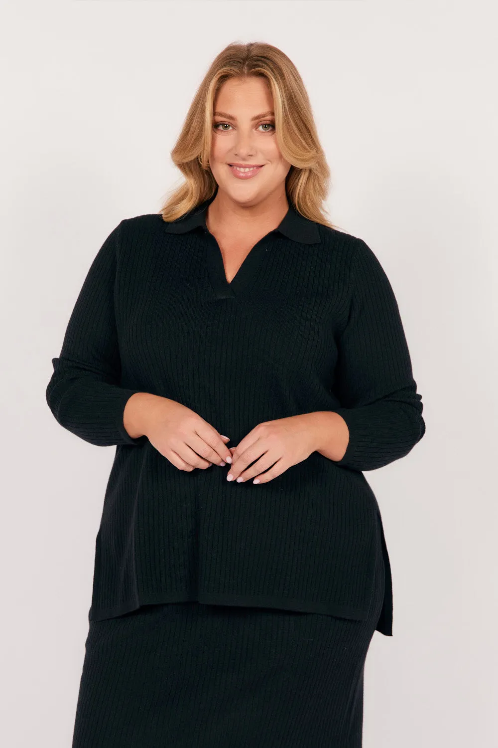 Collared Knitted Top in Black Easy Layering