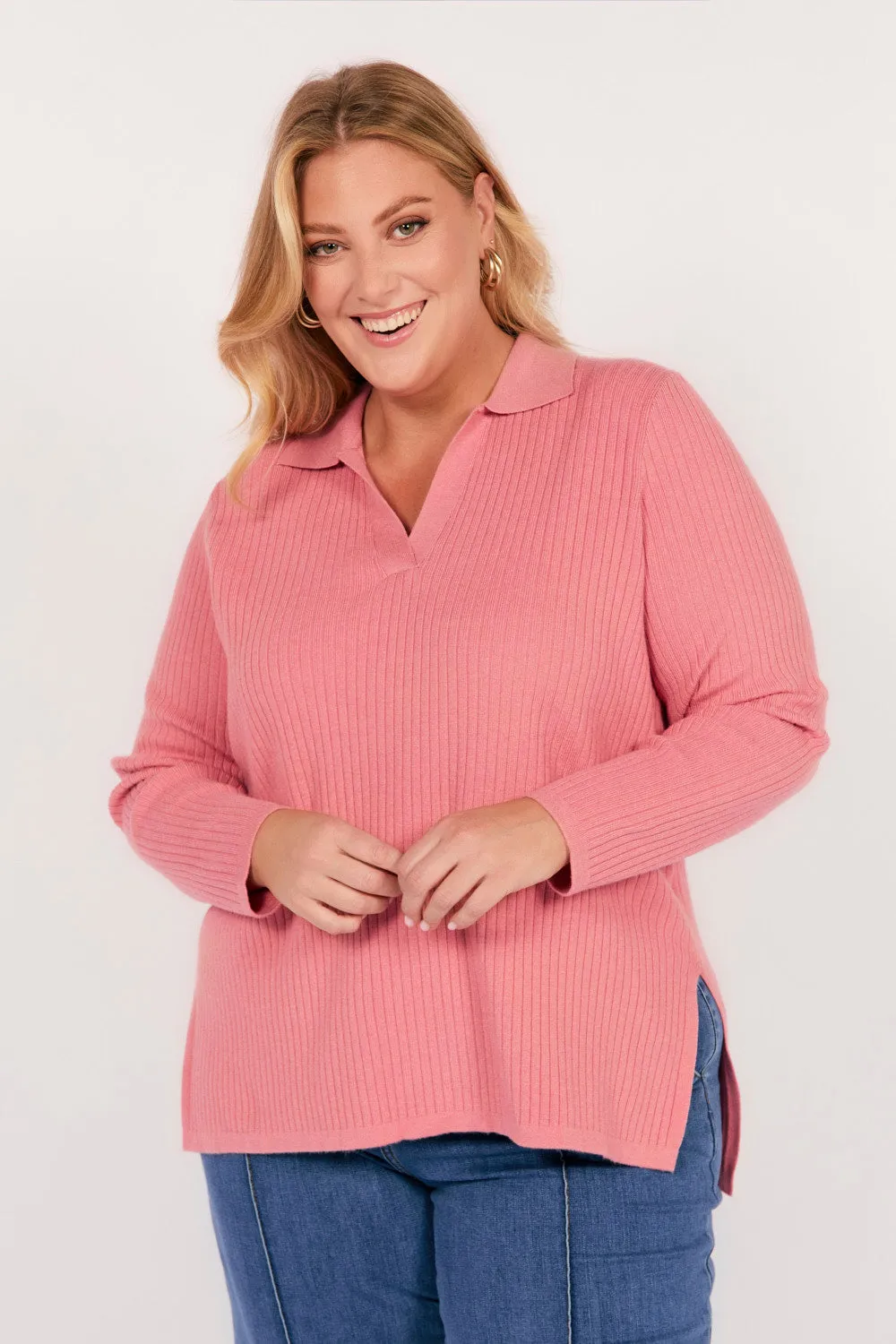 Collared Knitted Top in Blush Moisture Wicking Inner Adjustable Hem Lock System
