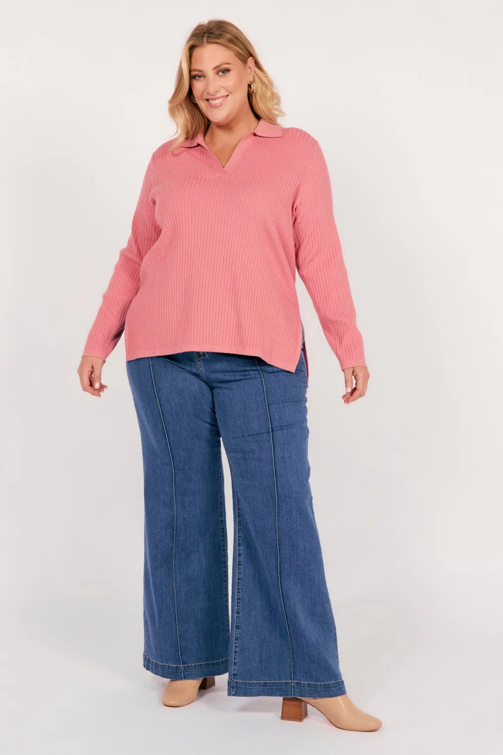 Collared Knitted Top in Blush Quick Dry Coating Reinforced Shoulder Protection