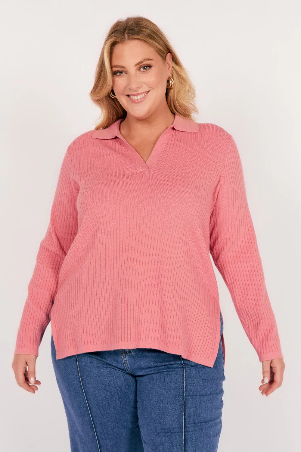 All Weather Performance Collared Knitted Top in Blush