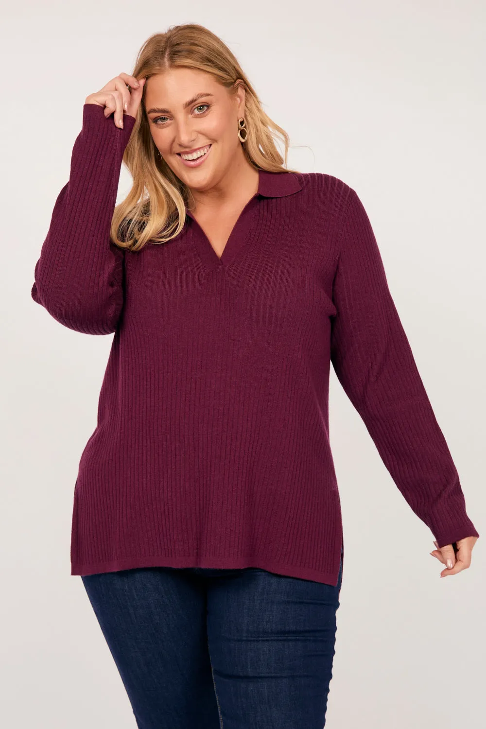 Day To Night Non Slip Collar Collared Knitted Top in Plum