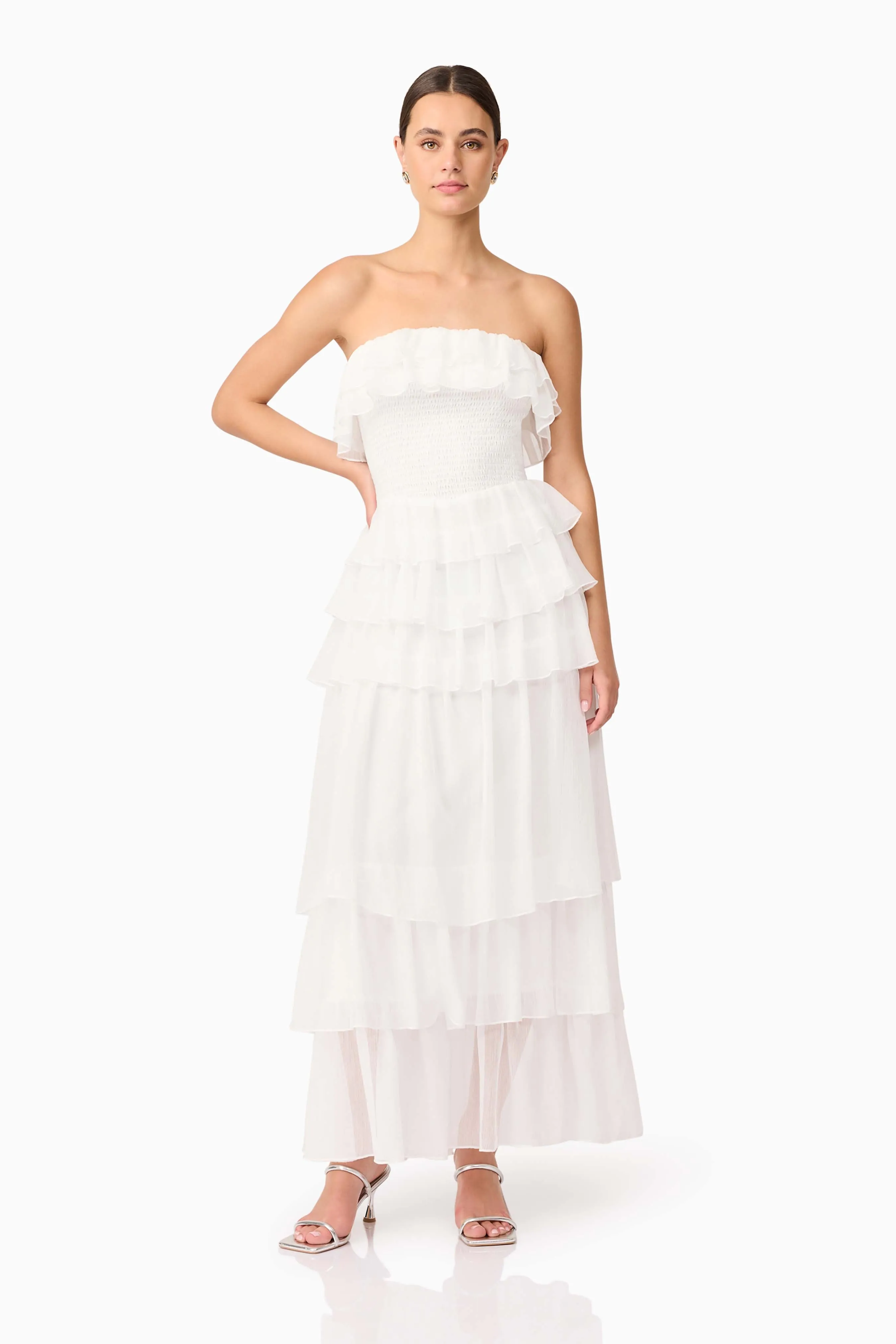Subtle Drape Smart and Relaxed Melissa Strapless Maxi Dress in White