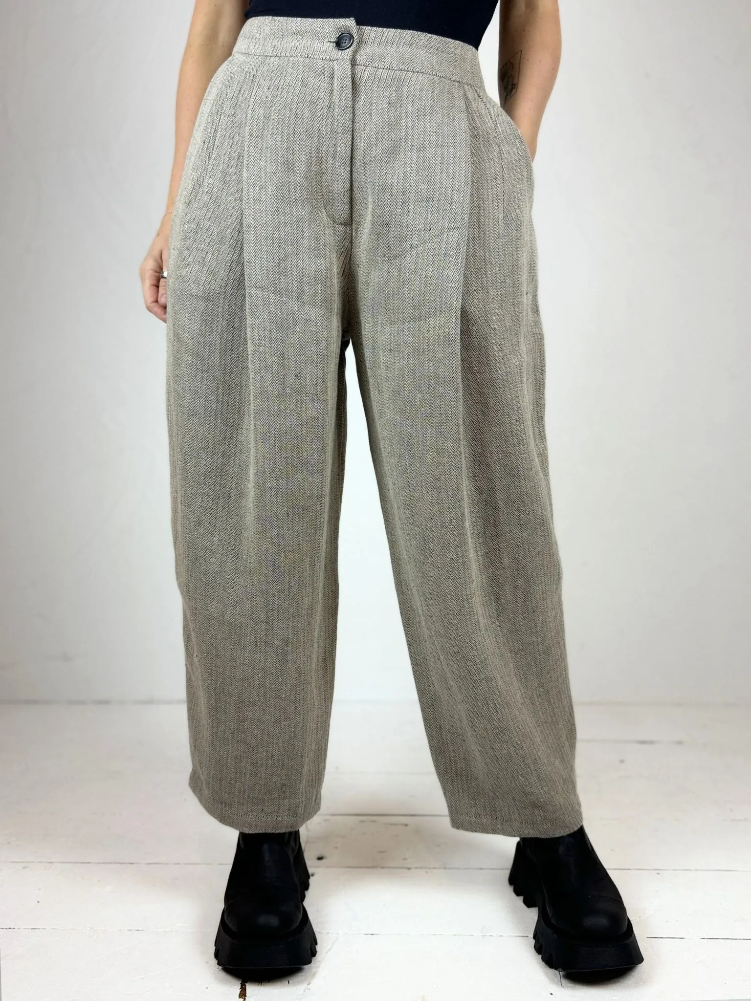 Non Tapered Leg Elasticized Cuffs Nature Neona Herringbone Linen Trousers - 2 Colours