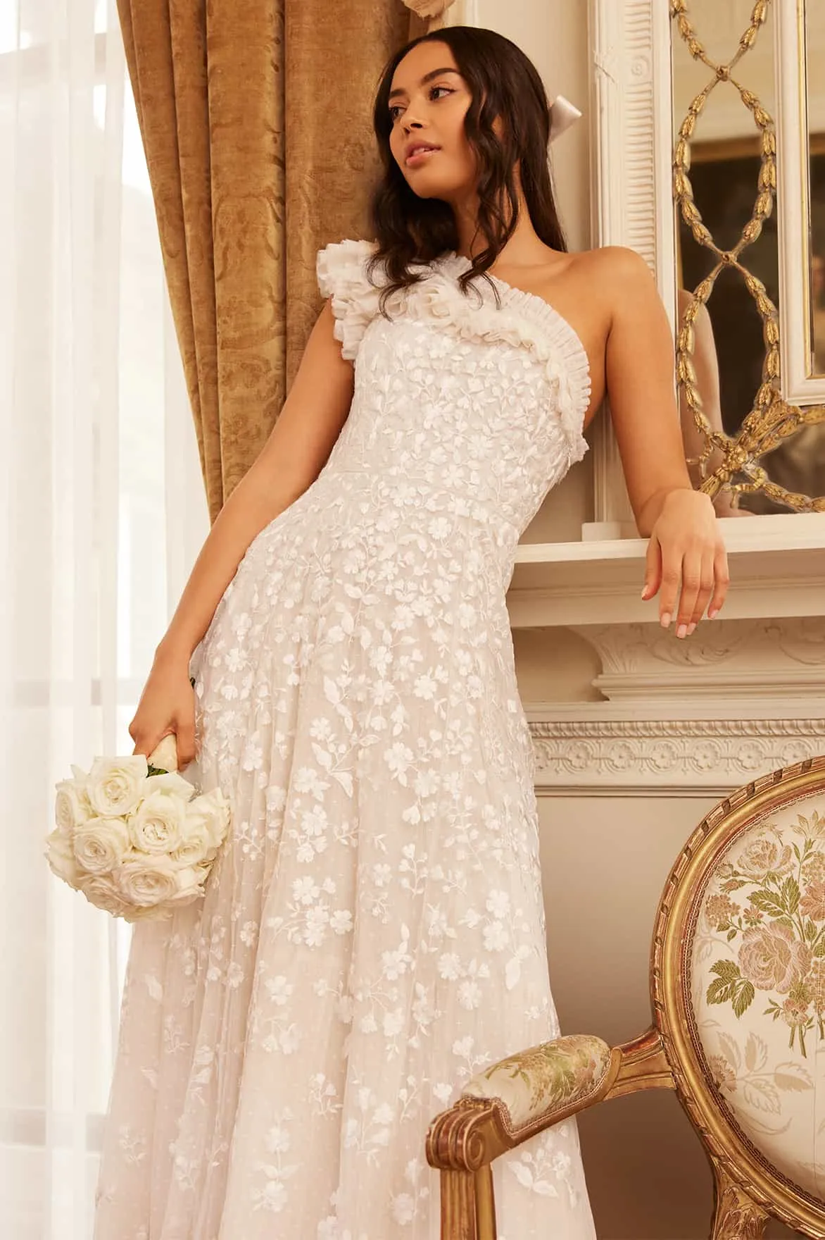 Posy Pirouette One-Shoulder Ankle Gown Slit-Hem