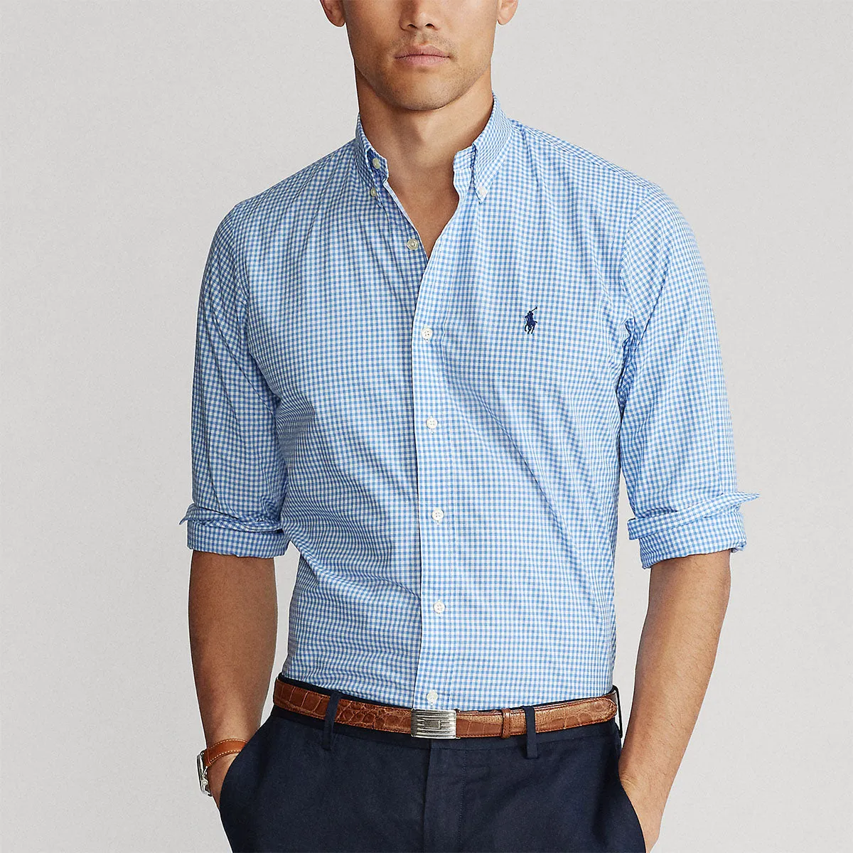 Chilly Layer Drop Shoulder Cut Polo Ralph Lauren - Custom Fit Check Shirt in Blue/White