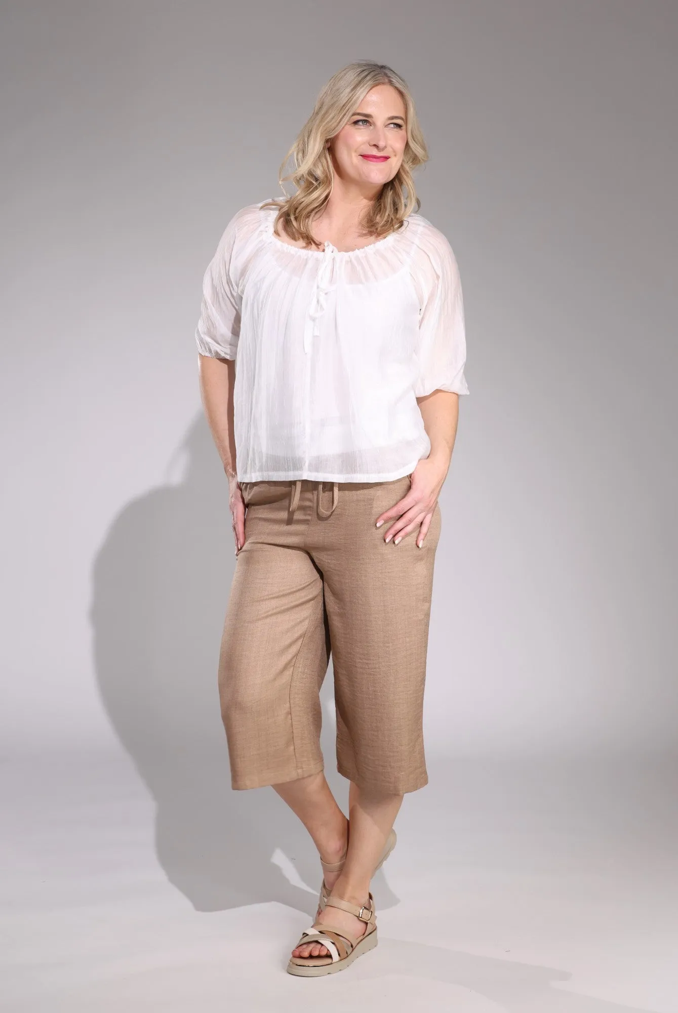 Wide Leg Crop Pant | SAND | 0108C1 DoubleLayeredHem Casual Fit Design