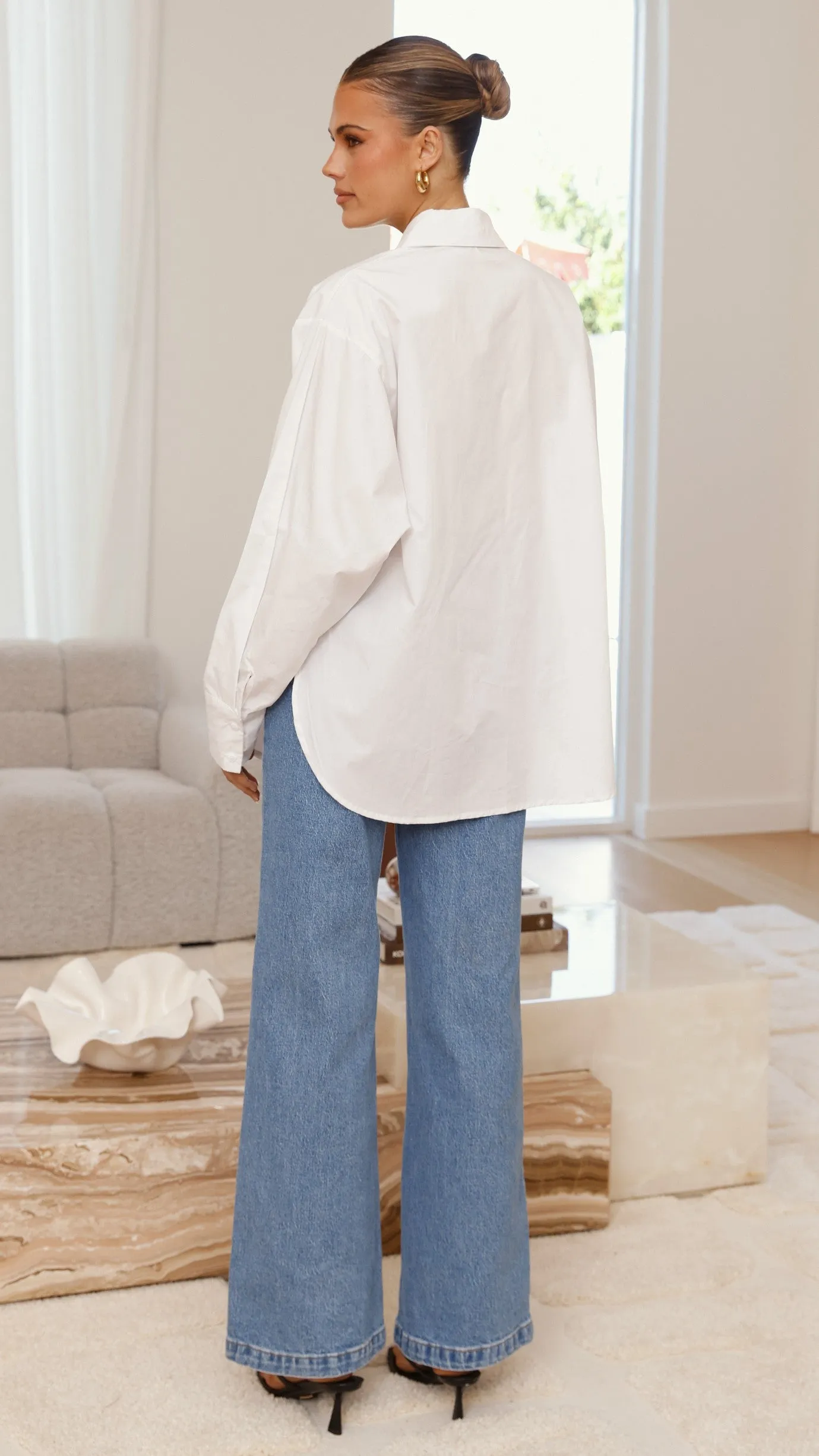 ReflectiveTrimDetails Charla Button Up Poplin Top - White