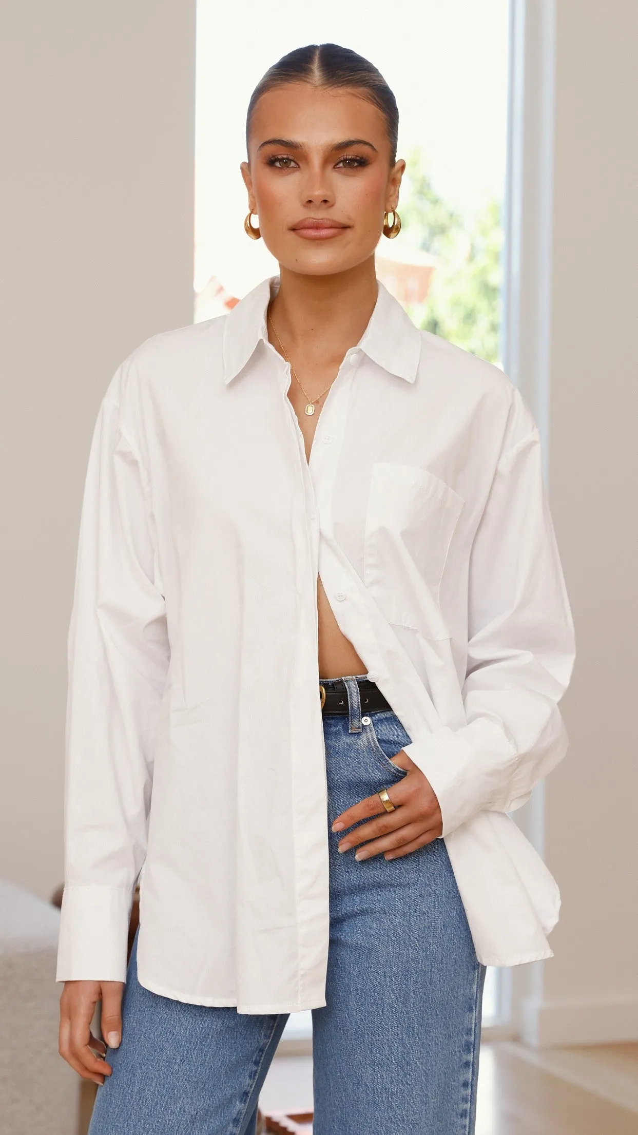 Charla Button Up Poplin Top - White WaterRepellentFinish