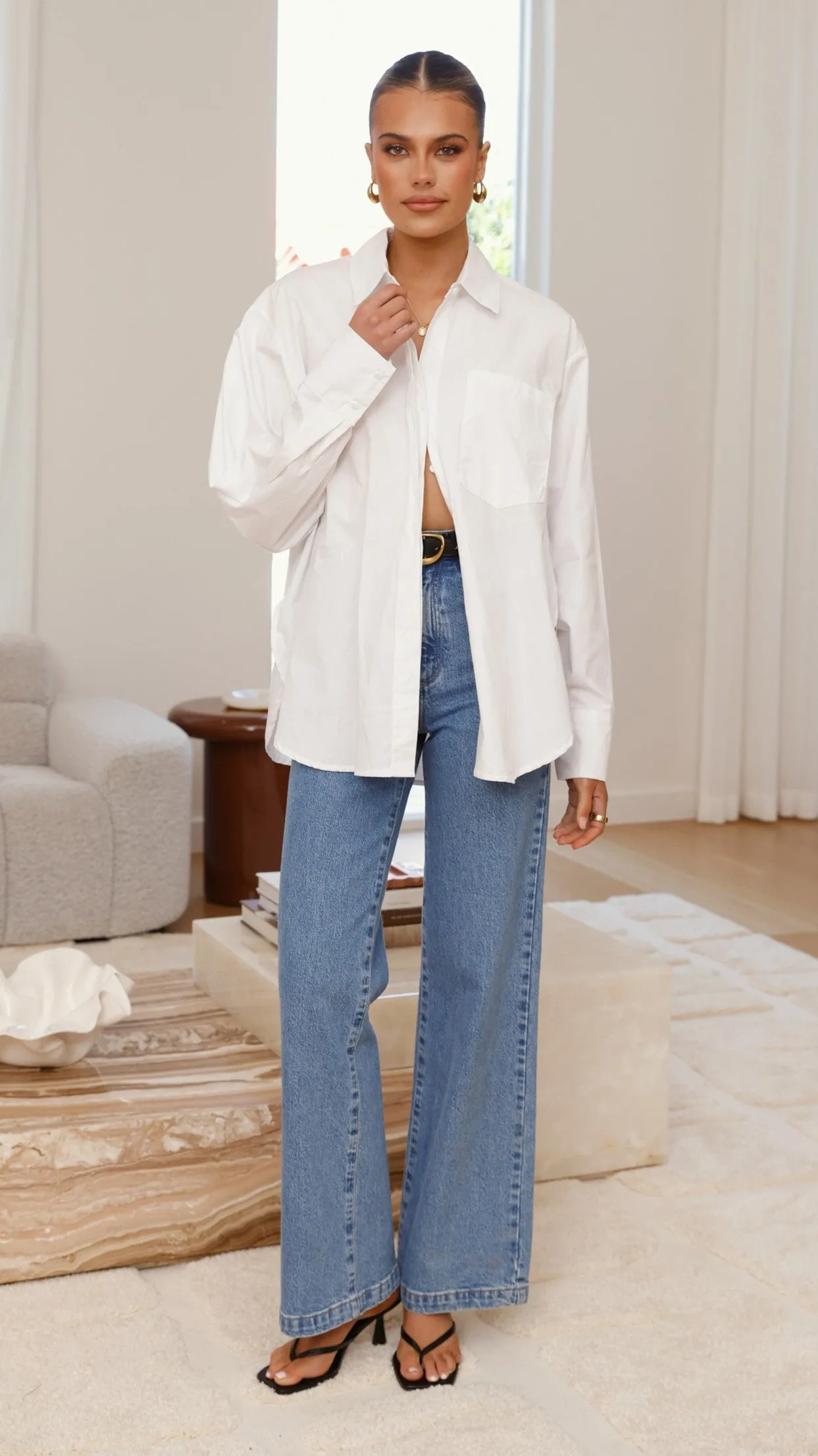Charla Button Up Poplin Top - White Street Edge