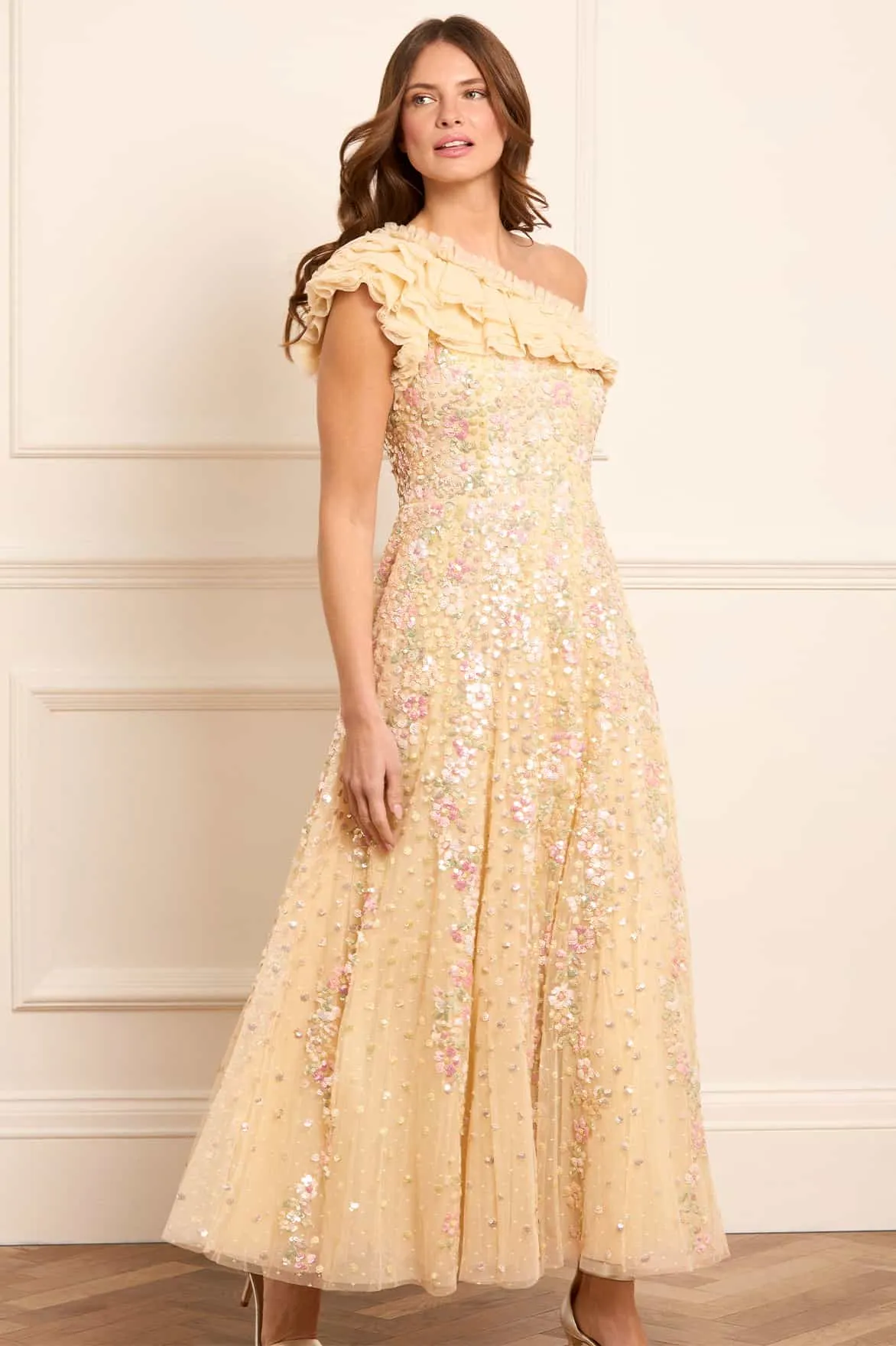 New York Confetti One-Shoulder Ankle Gown