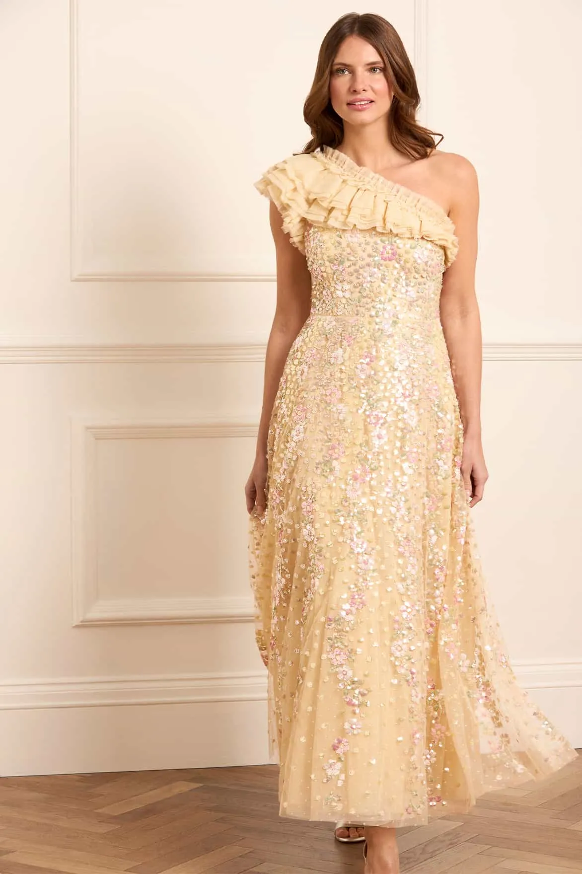 Air Beauty Chic Rhythm Confetti One-Shoulder Ankle Gown