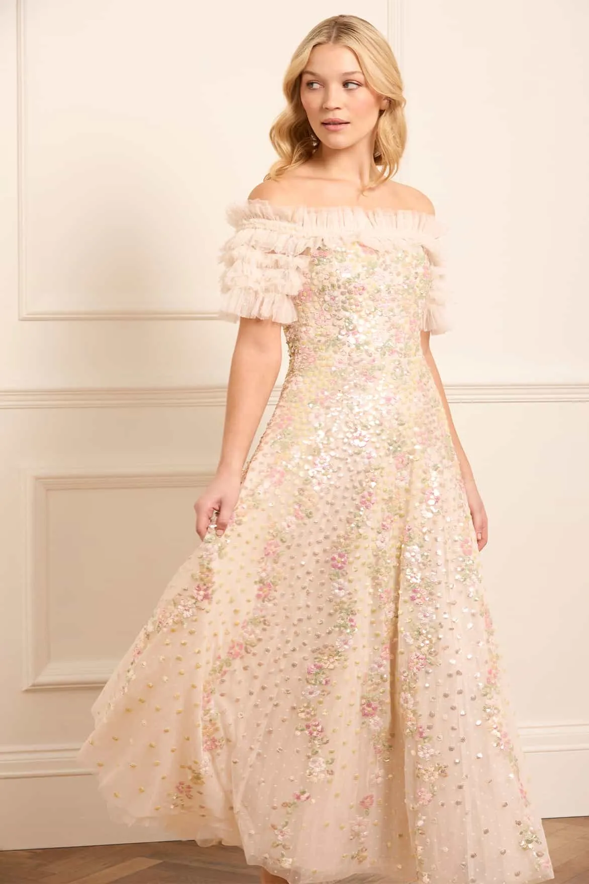 Confetti Ruffle Off-Shoulder Ankle Gown Beaded-Edge Chic and Stylish