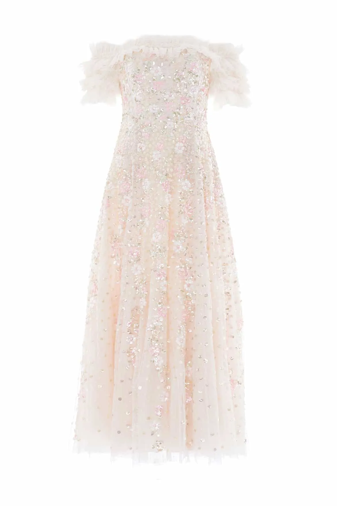 Confetti Ruffle Off-Shoulder Ankle Gown Fashionable Layers Feminine Charm