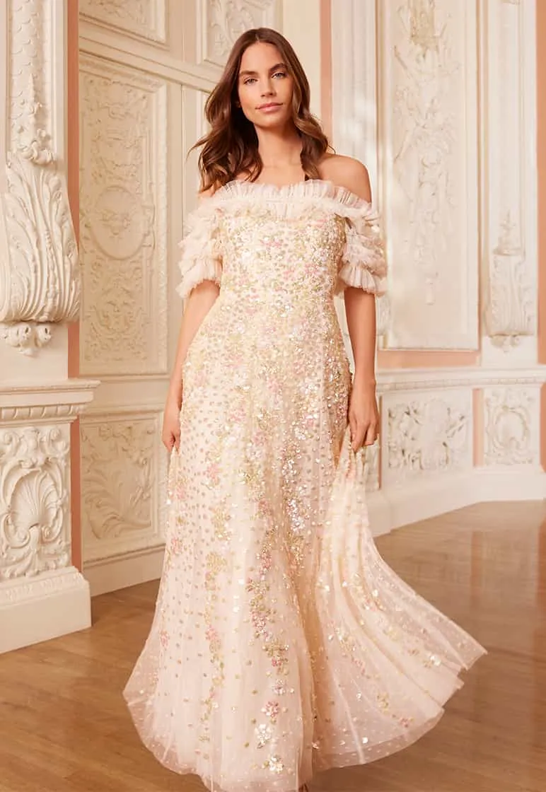 Confetti Ruffle Off-Shoulder Ankle Gown Cozy Vibe City Flow