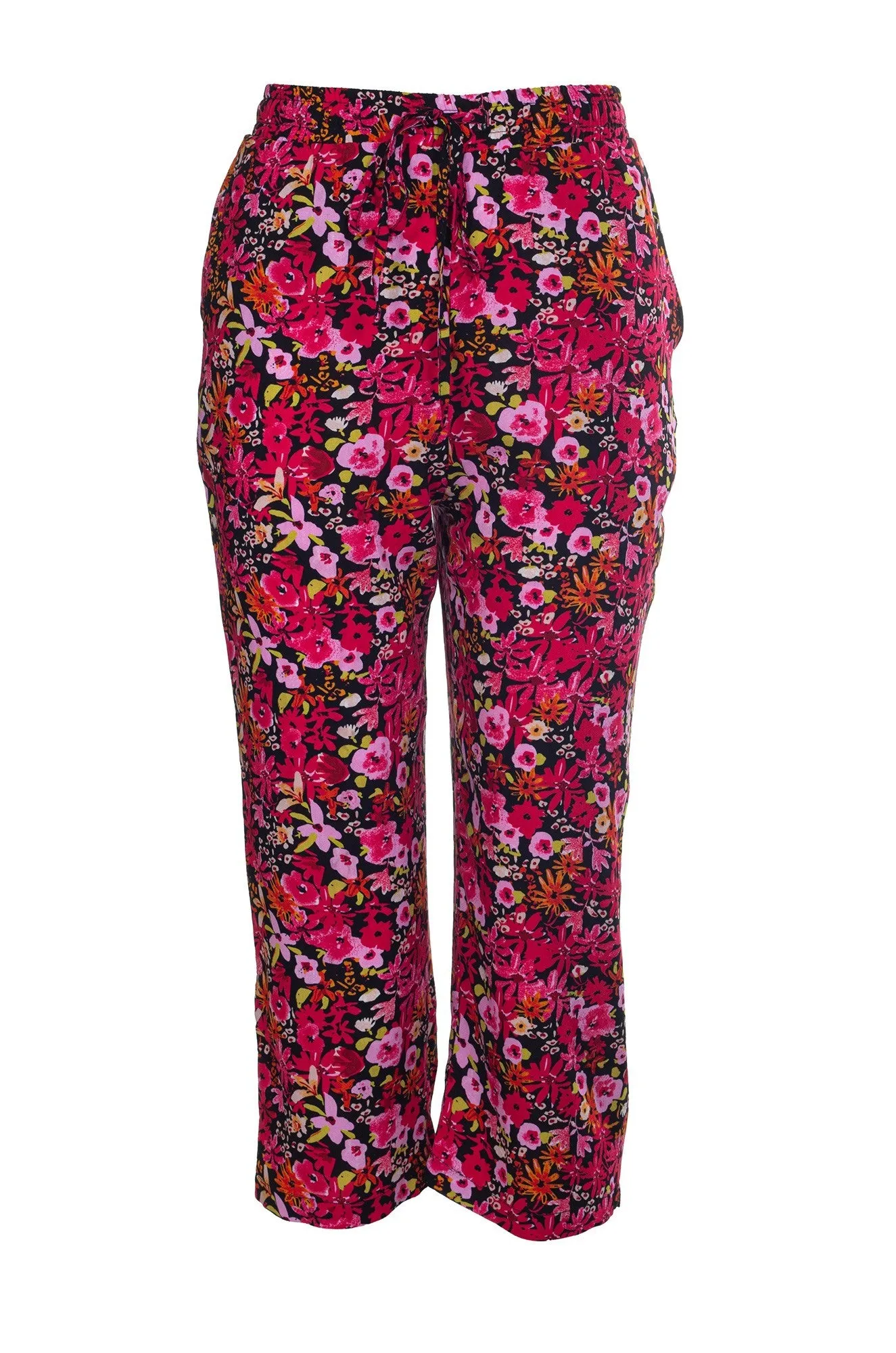 Timeless Fit Rayon drape Printed Rayon Mid Calf Pants | Pink Blooms | 7333A1