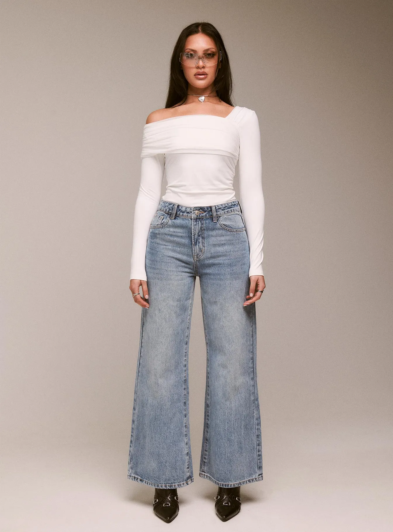 Basic Style Cat Relaxed Rigid Wide Leg Jean Angel Blue