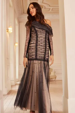 Sequin-Detail Gigi Dot One-Shoulder Rouched Gown