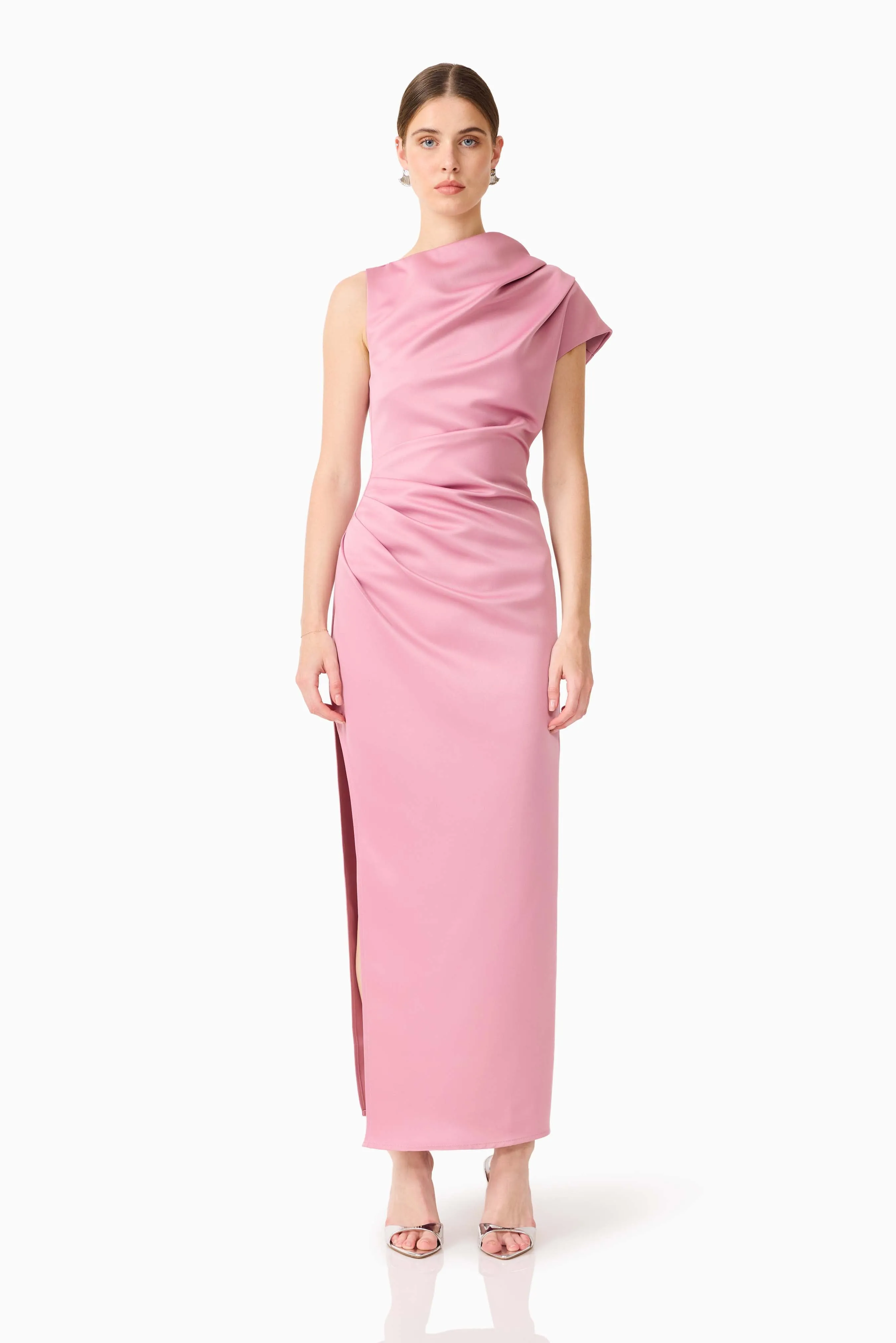 Airy Weave DoubleLayeredMaterial Coralie Maxi Gown in Pink