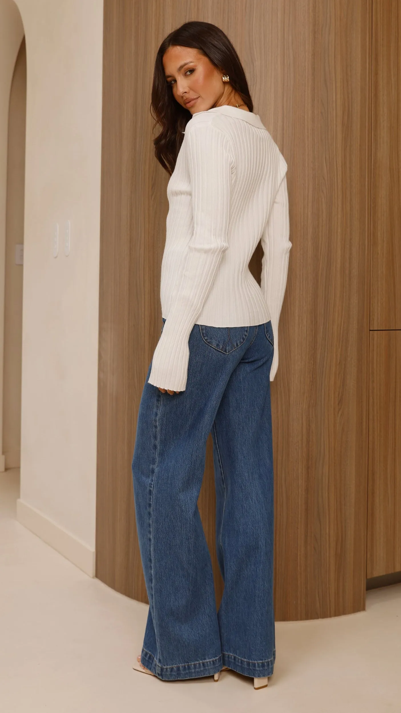 HighElasticity Corbin Collared Knit Top - White