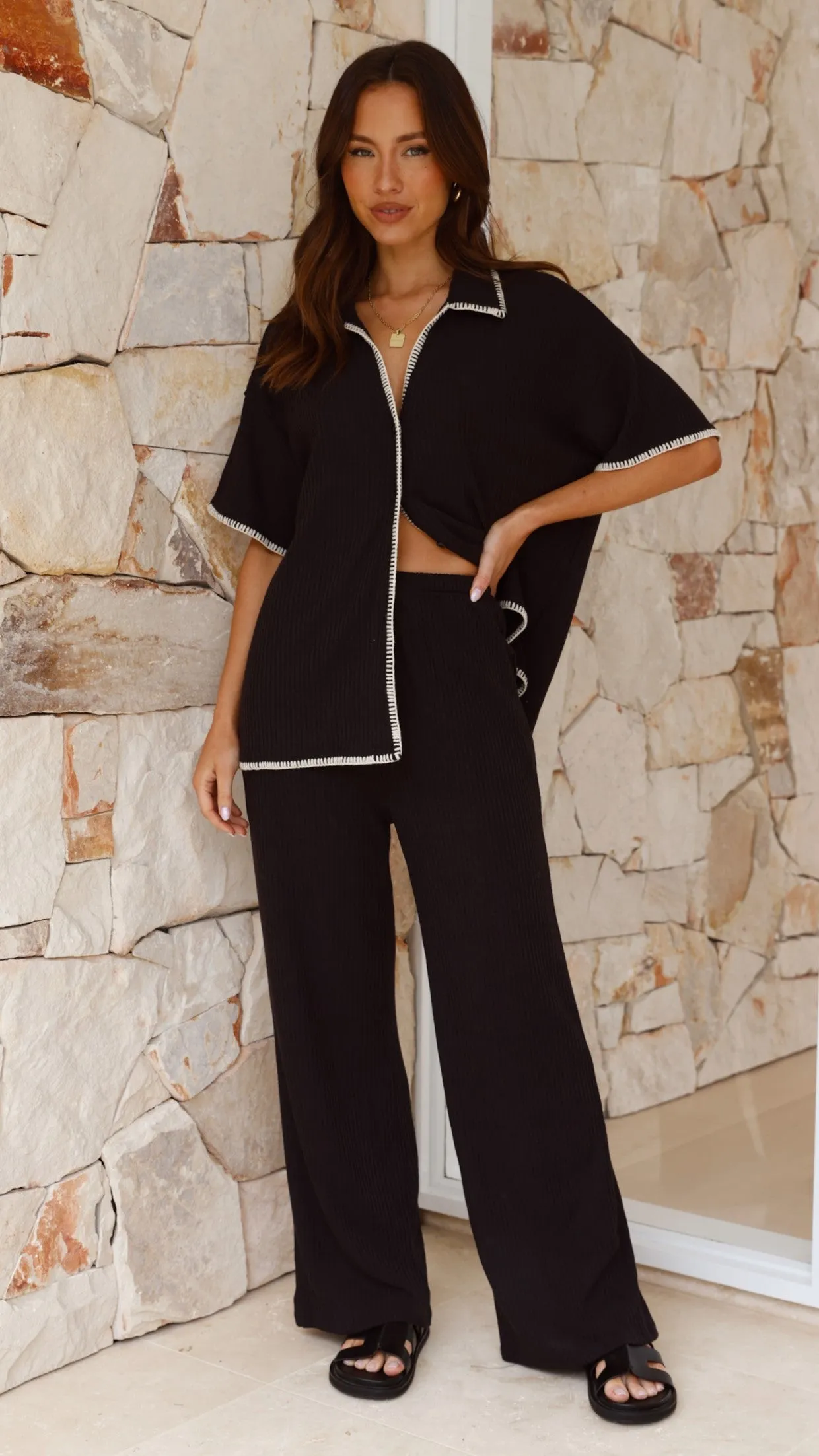 Madian Button Up Shirt and Pants Set - Black Smart Casual Ocean Air